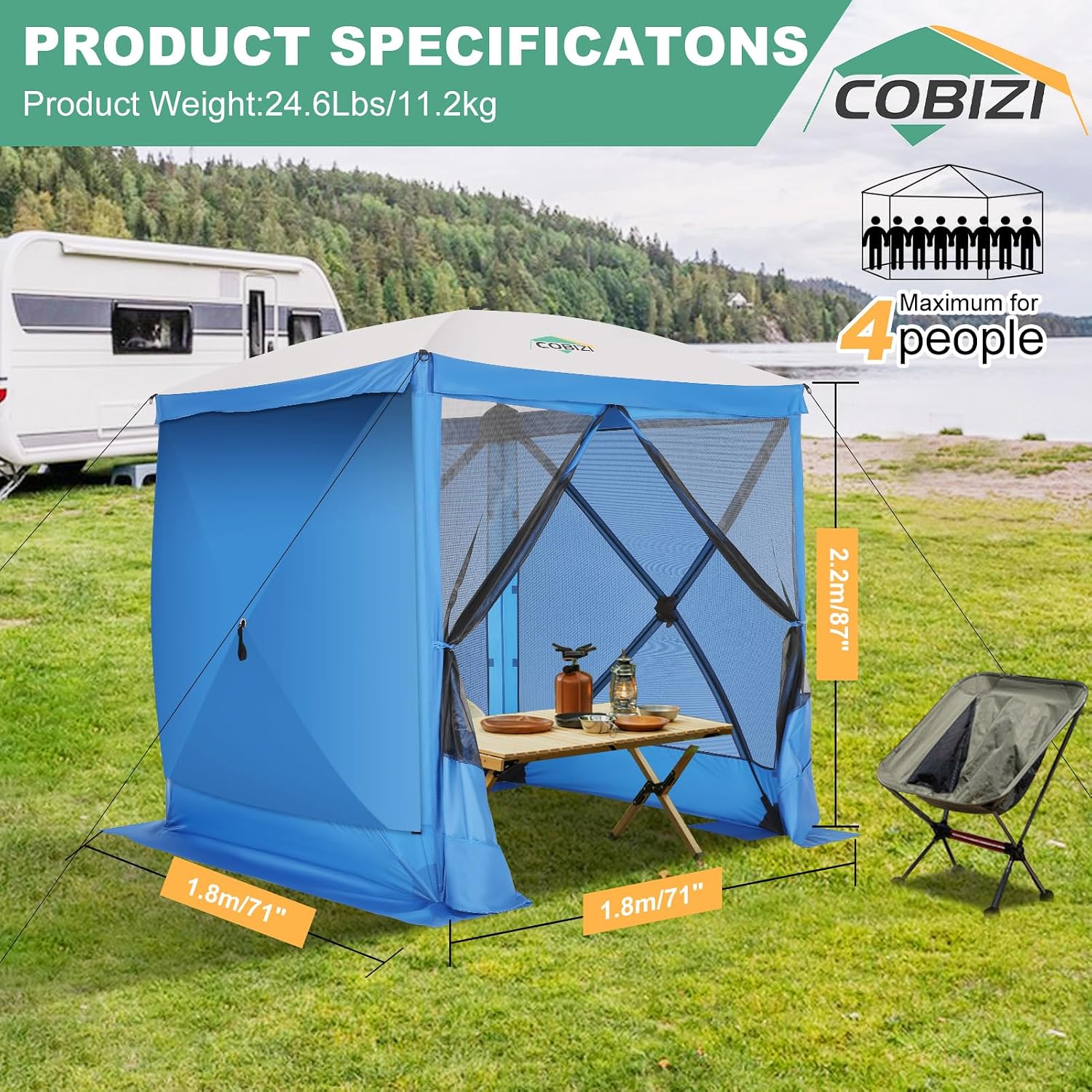 COBIZI 6x6 Pop up Gazebo Tent, Ez up Waterproof Screen Tent Screen House, Portable Outdoor Canopy Sun Shelter with Carry Bag & Ground Stakes for Camping, Garden and Picnics, Blue(Upgraded 2.0)