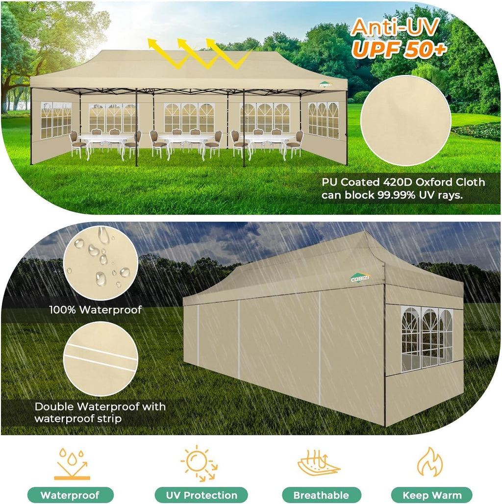 COBIZI Heavy Duty 10x30 Party Tent, Commercial 10x30 pop up Canopy for Parties Waterproof Gazebos with 8 Sidewalls, All Season Wind & Waterproof UPF50+,Stable Thickened Frame, Khaki