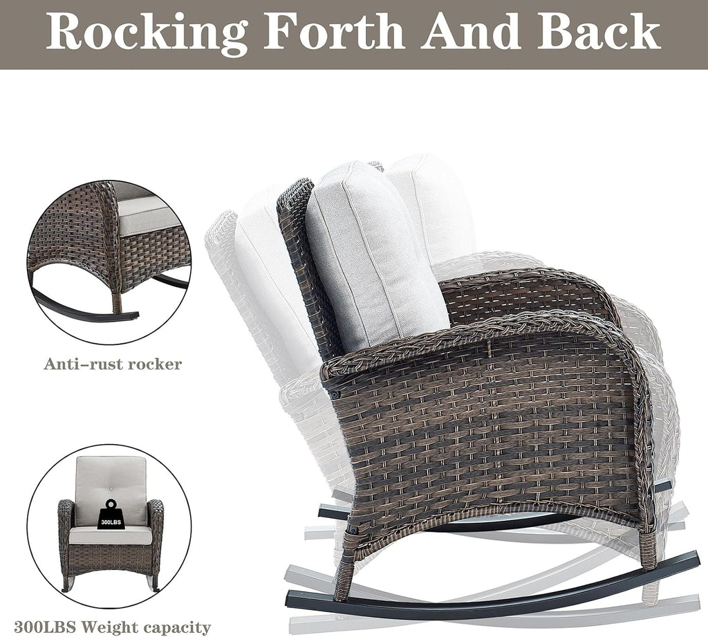 Belord Wicker Porch Rocking Chairs - 3 Pieces Patio Bistro Set High Back Outdoor Rocker Chairs Set with Side Table for Deck Balcony Brown/Beige