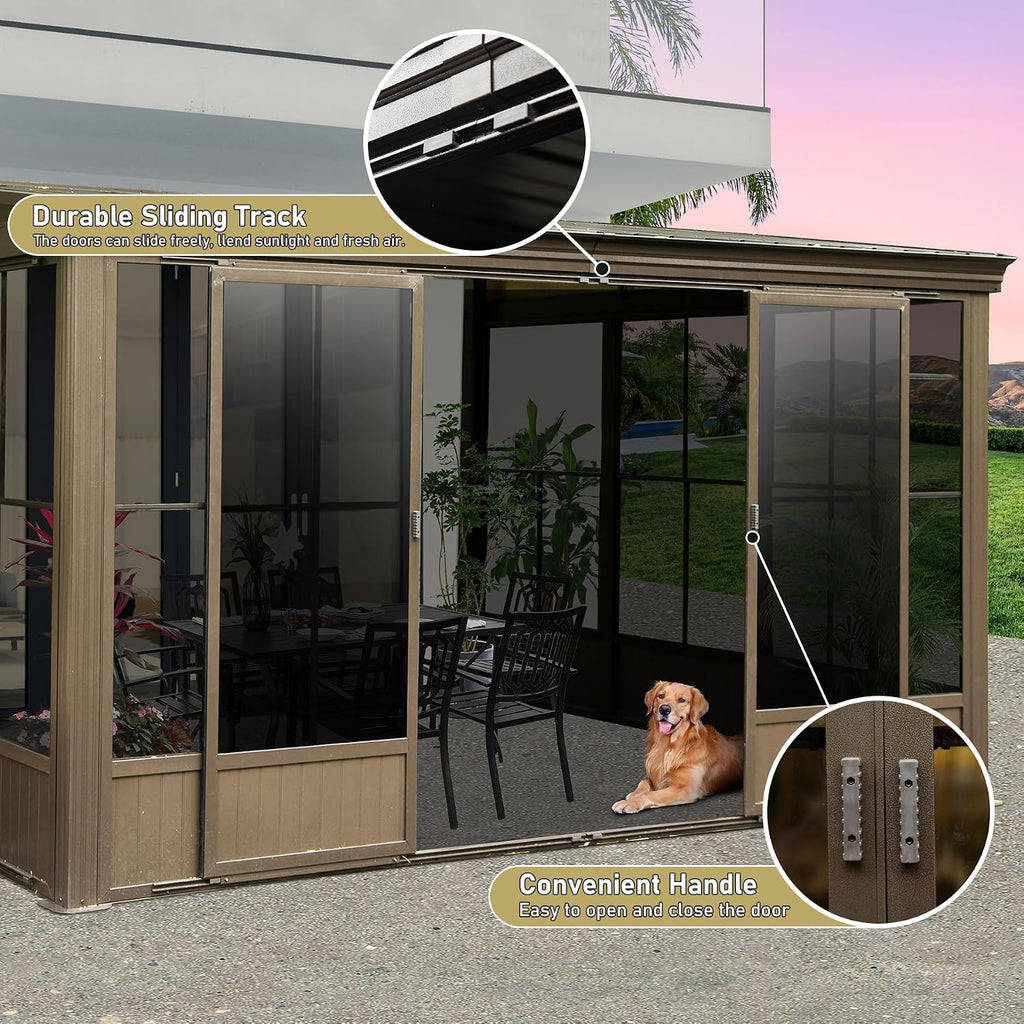 Domi Lean-to Sunroom 10x12FT, Wall Mounted Solarium with Galvanized Steel Sloping Roof, Moveable PVC Screen, Front Door&Side Sliding Door, Aluminum Gazebo Against Wall Sun Room for Patio Deck