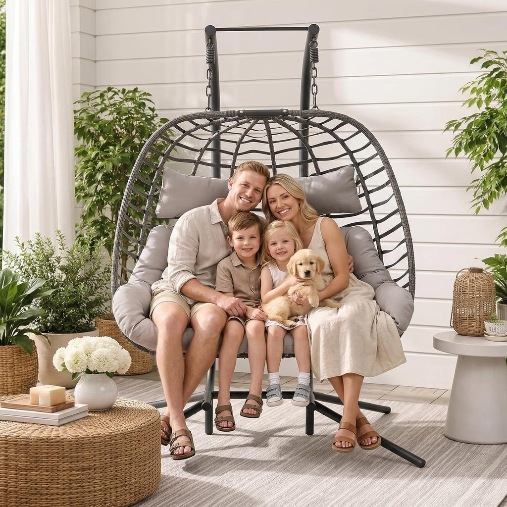 2 Person Hanging Egg Chair with Stand for Outdoor, Patio Hand Made Rattan Wicker Double Egg Swing Chairs Hammock Chair with UV Resistant Cushion and Metal Frame, Porch Swing Loveseat for Backyard