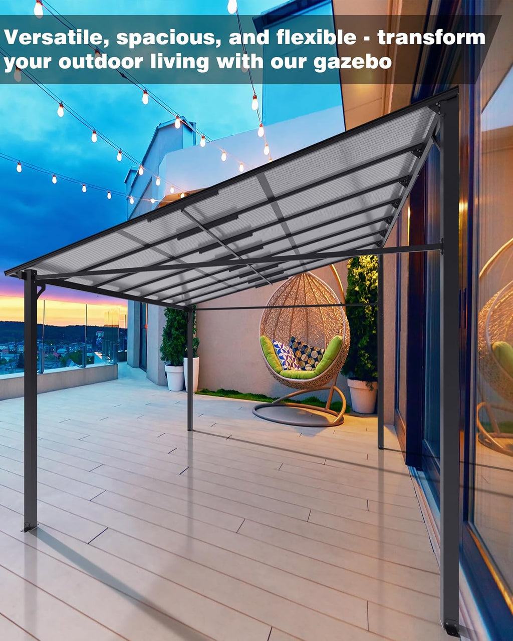 GarveeLife 10 ft x 12 ft Lean to Gazebo, Hardtop Wall Pergola with Polycarbonate Roof, Aluminum Frame Mounted Gazebo for Lawn Patio Deck Yard and Party