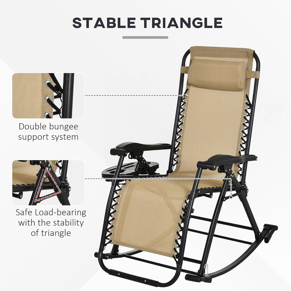 Outsunny Set of 2 Outdoor Rocking Chairs, Foldable Reclining Zero Gravity Lounge Rocker with Pillow, Cup & Phone Holder, Combo Design with Folding Legs, Beige