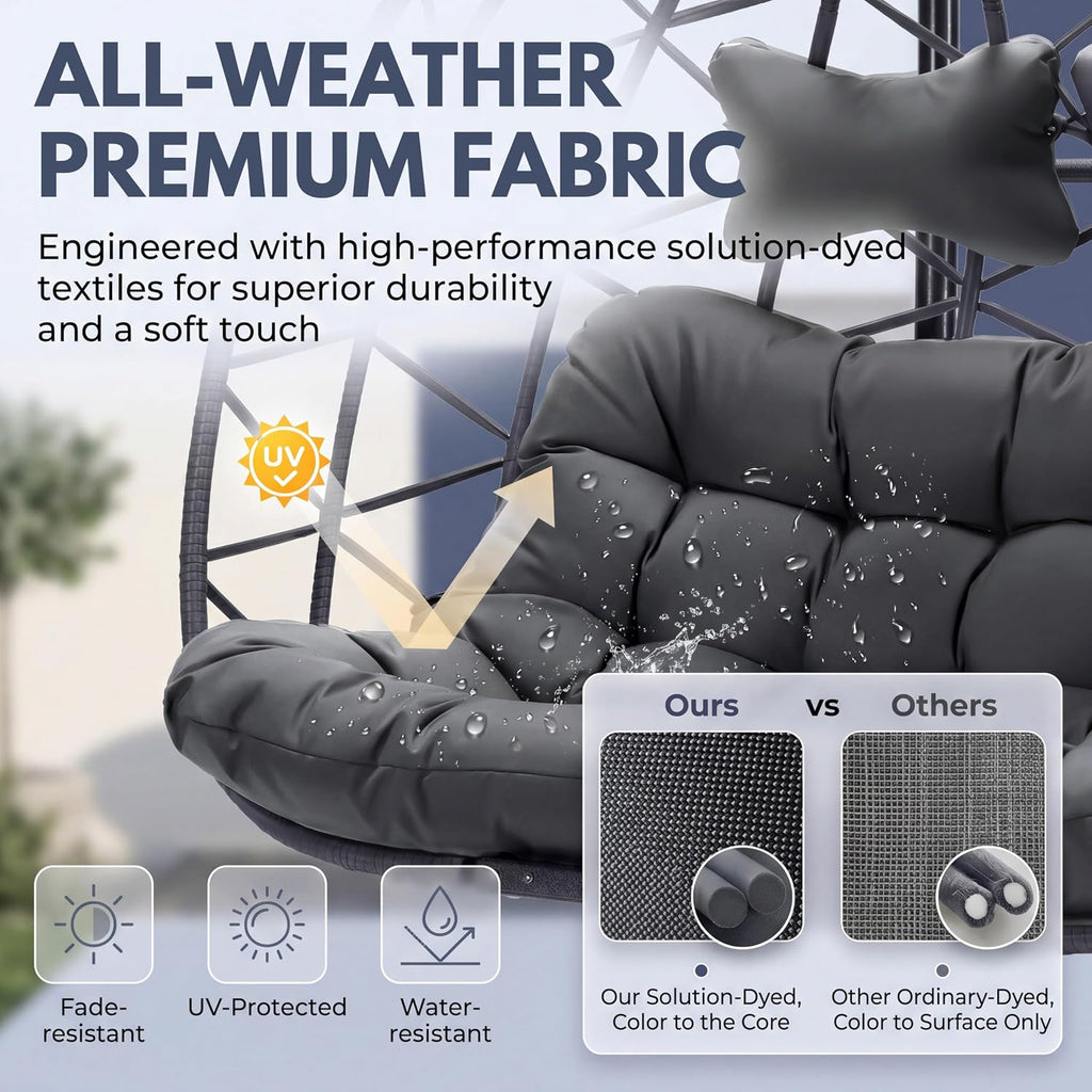 BULEXYARD Double Hanging Egg Swing Chair with Removable Cover, Extra Large 2 Person Patio Chair with Stand, Comfy Wicker Loveseat with Cushion for Indoor Outdoor Balcony Backyard, Dark Gray