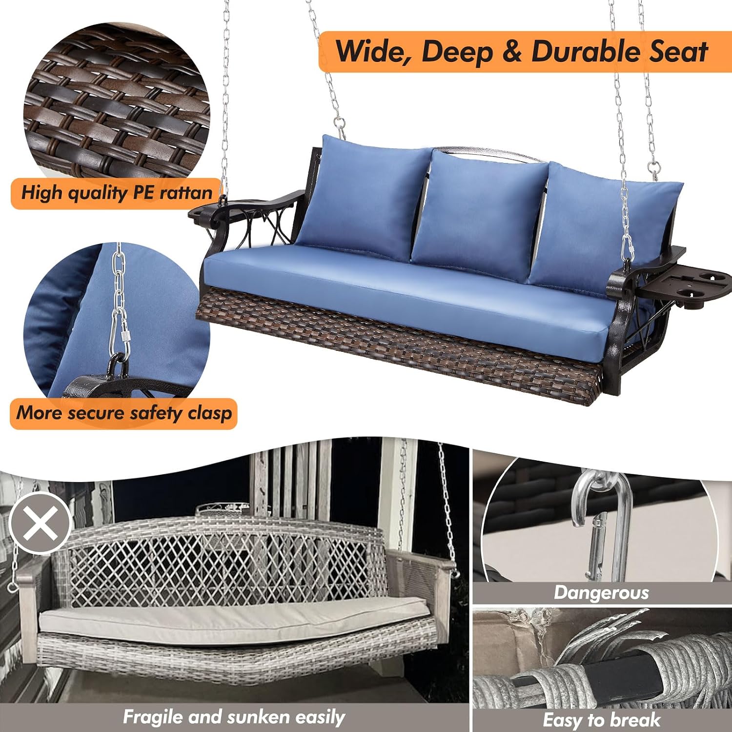 ZZW Heavy Duty 900 LBS Porch Swing Chair 3-Person Outdoor Rattan Patio Swing Lounge w/Cup-Holder & Steel Chains Wicker Hanging Bench Porch Swing Cushions for Deck & Backyard & Garden