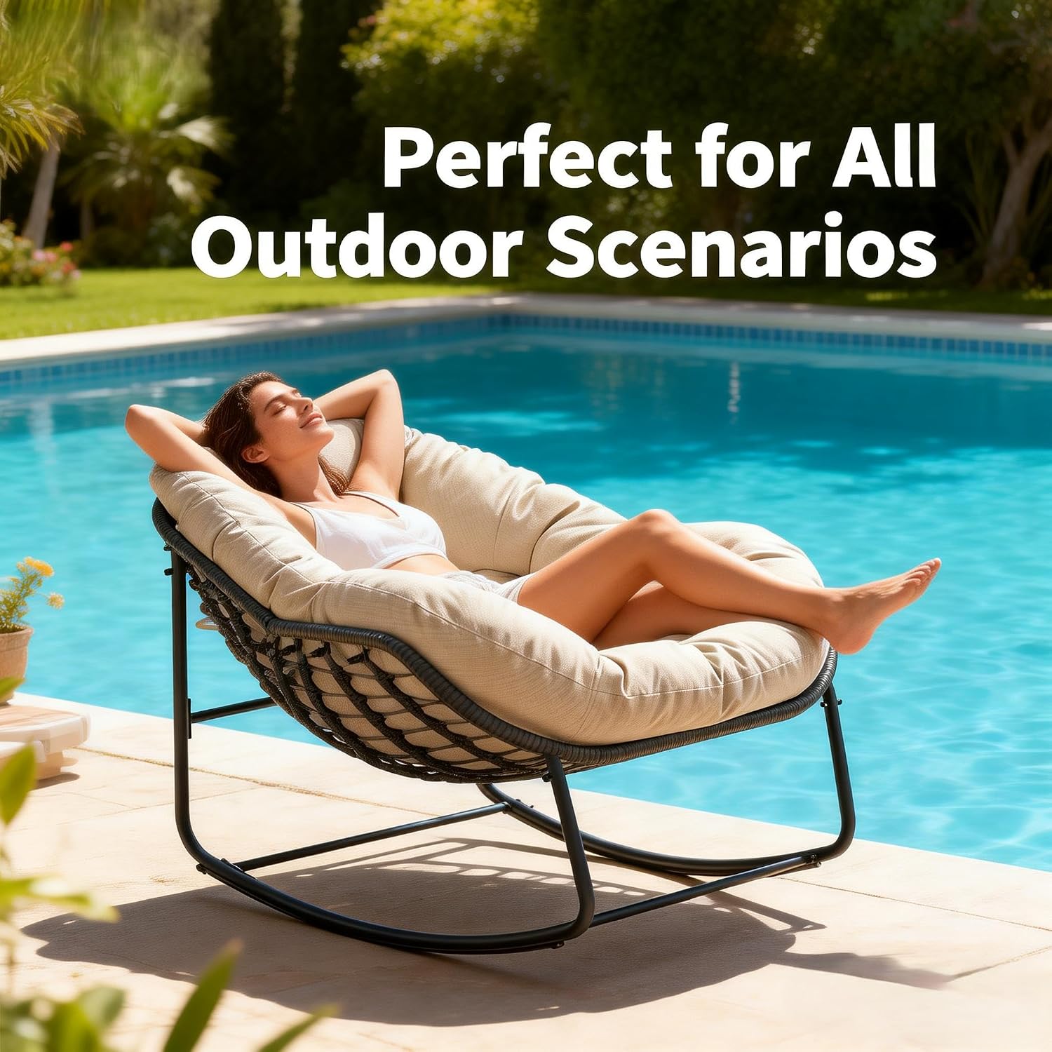 YDcosyfy Oversized Outdoor Papasan Rocking Chair with Soft Cushion, Comfy Patio Egg Chair, Wicker Lounge Rocker for Balcony/Porch/Garden, Reinforced All Weather Rattan Frame, 330 lbs Support, Beige