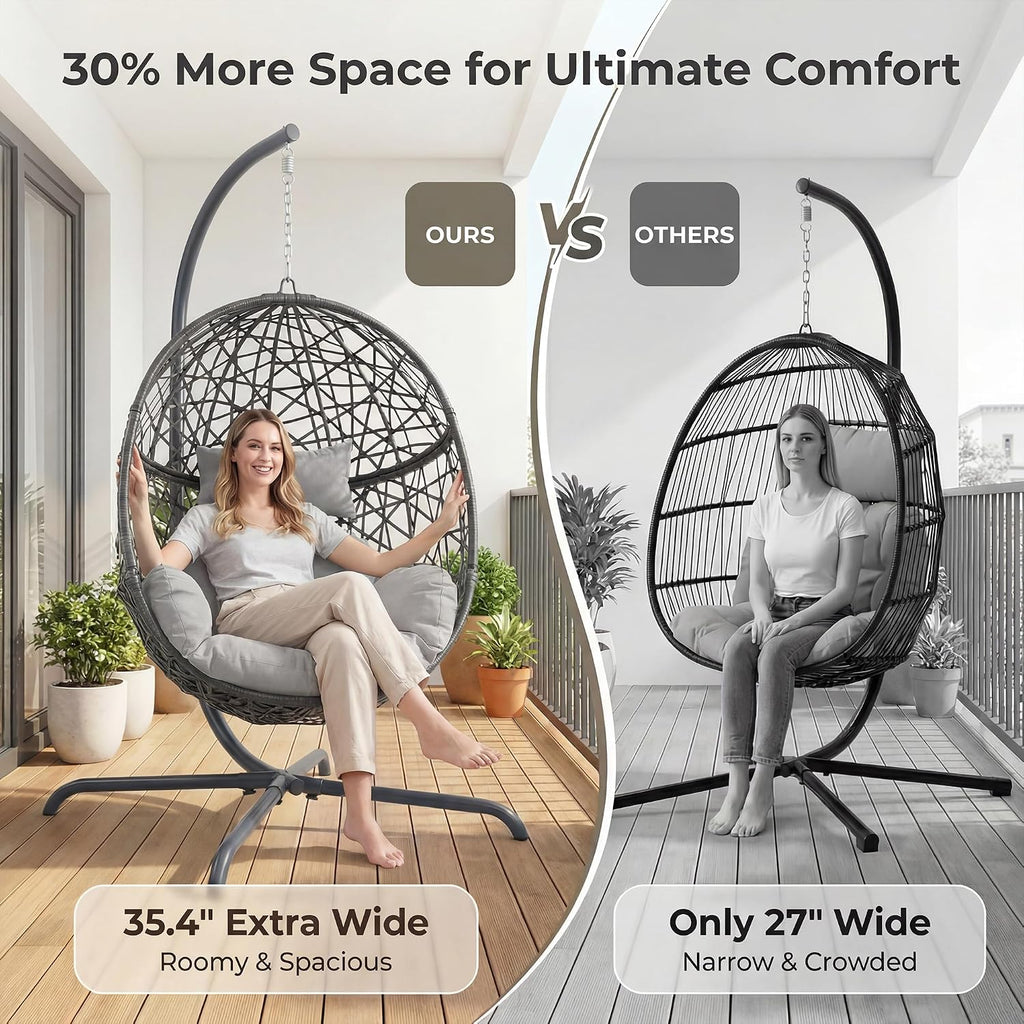 BULEXYARD Oversized Hanging Egg Chair with Stand, Indoor Outdoor Grey Wicker Bird Cage Swing Chair, Patio Hammock Egg-Shaped Chair with Light Grey Cushion for Sunroom, Deck, 350lbs Capacity