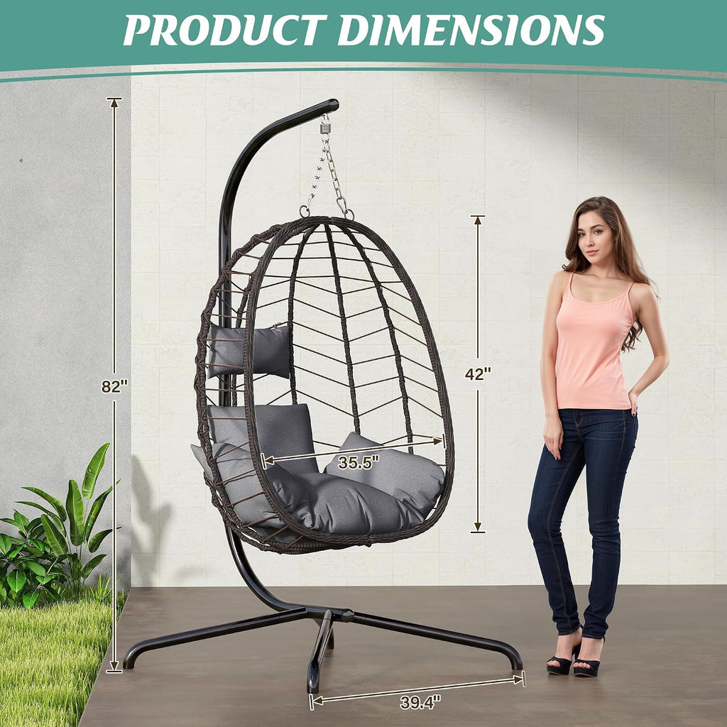 LEX CRAFT Hanging Egg Chair with Stand, Swinging Egg Chair Outdoor Indoor, Hanging Basket Chair with Cushion, Patio Wicker Hammock Chair 350lbs Capacity for Porch, Balcony, Backyard, Garden (Grey)