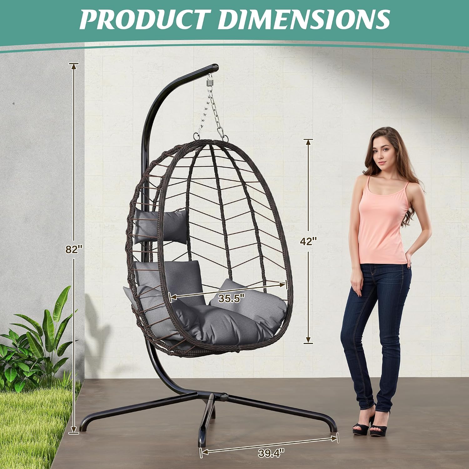 LEX CRAFT Hanging Egg Chair with Stand, Swinging Egg Chair Outdoor Indoor, Hanging Basket Chair with Cushion, Patio Wicker Hammock Chair 350lbs Capacity for Porch, Balcony, Backyard, Garden (Grey)
