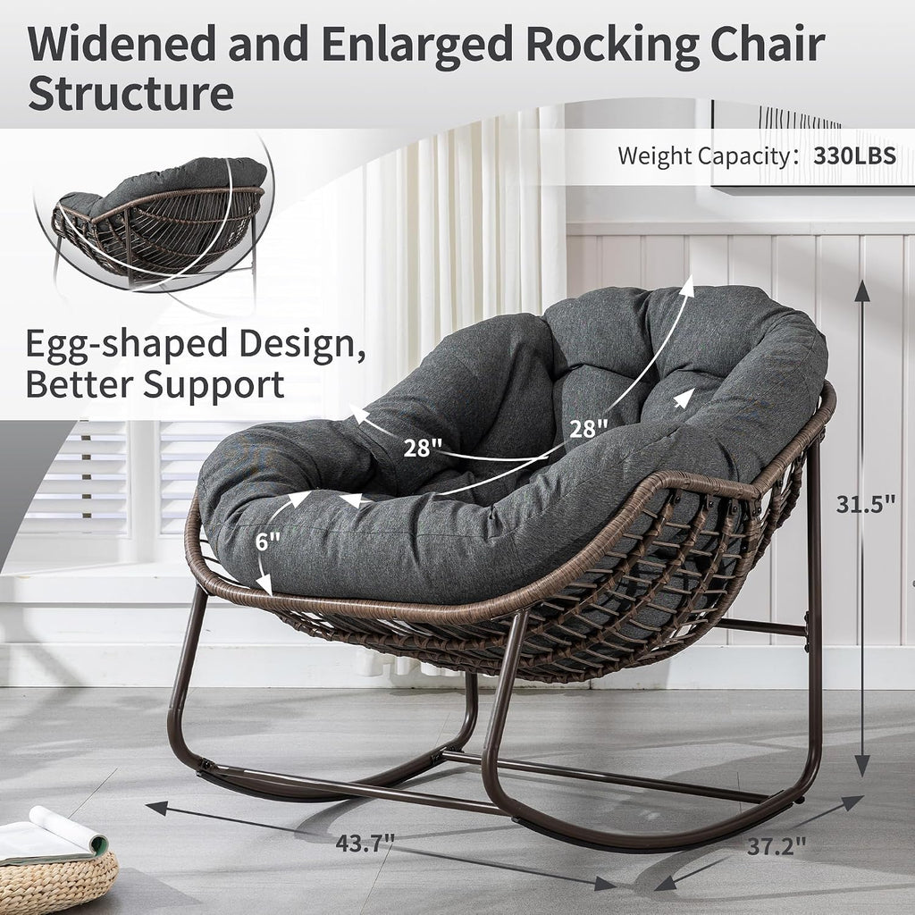 HOMEFUN Outdoor Patio Rocking Chairs, Oversized Papasan Rock Chair Indoor with Padded Cushion - Rocker Egg for Front Porch, Garden, Backyard Gray