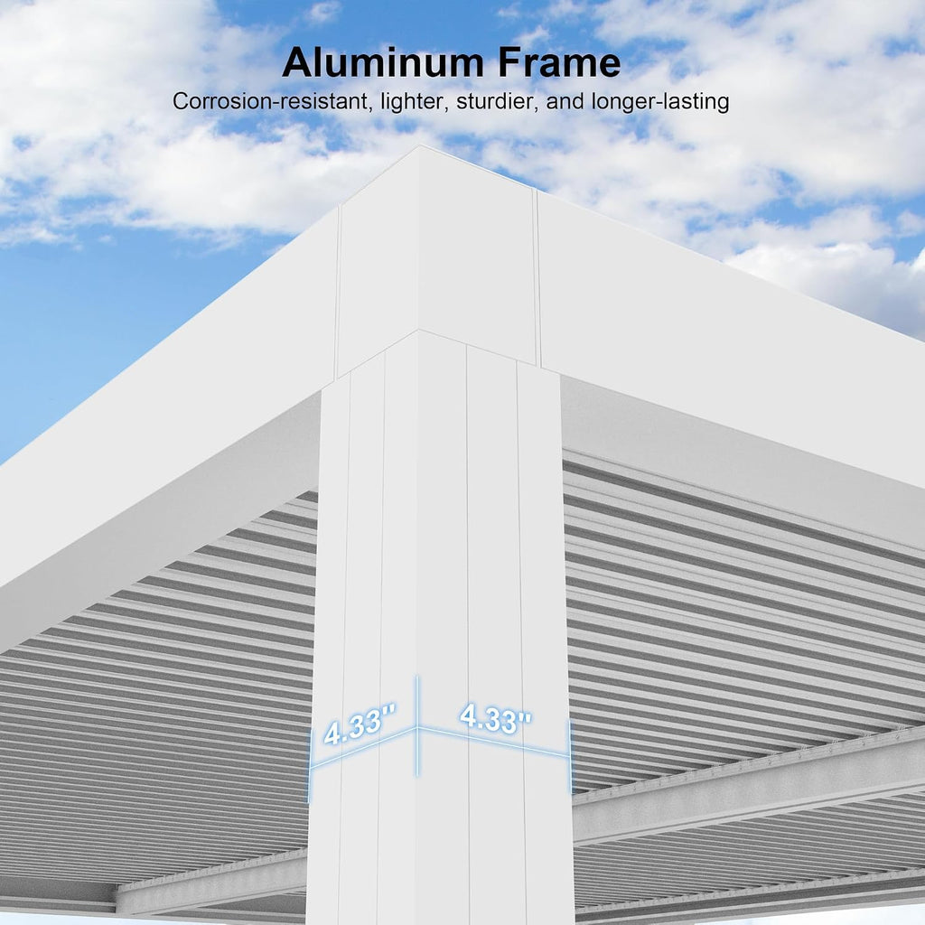 PURPLE LEAF Louvered Pergola 10' x 14' Outdoor White Aluminum Pergola with Fixed Shutter Wall Adjustable Roof Gazebo for Patio Backyard, 1 Short Side