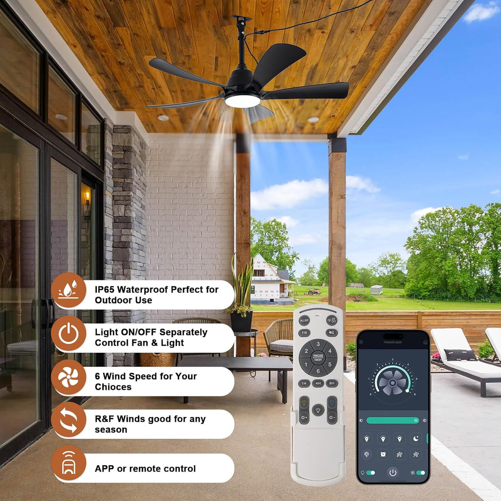 42'' Waterproof Outdoor Ceiling Fan with Lights IP65 Outdoor Gazebo Fan Wet Rated Hanging Plug in Ceiling Fan for Patio Pergola Porch Outside, APP Remote Control, Dimmable LED Lights