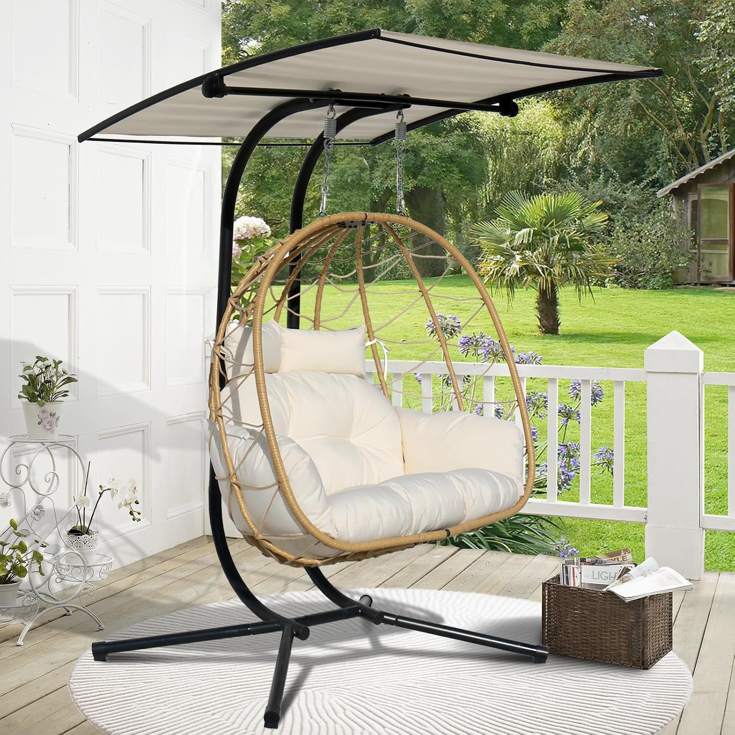 Double Egg Swing Chair With Stand & Adjustable Canopy, Outdoor Indoor Hanging Egg Chair, Handwoven Pe Rattan Loveseat With Uv-Resistant Cushions, 680Lbs Capacity For Patio, Garden, Balcony (White)