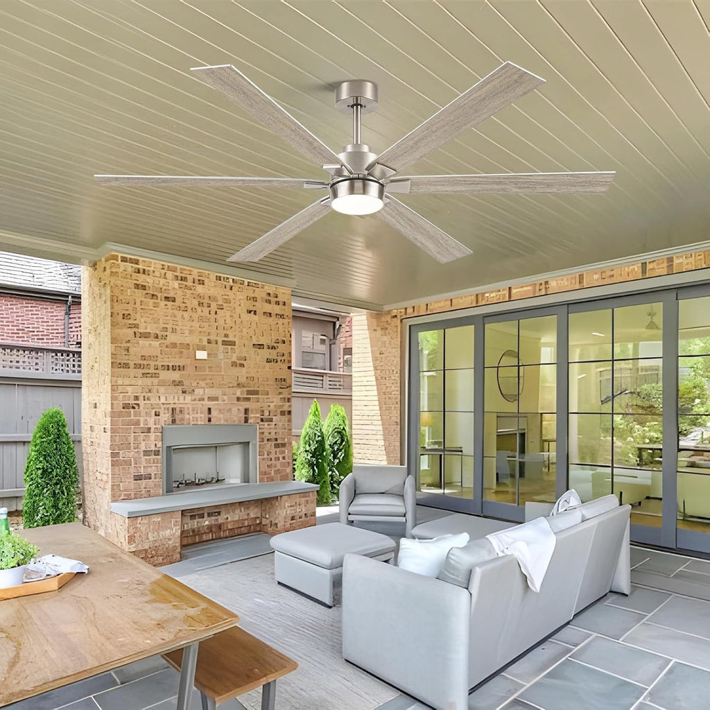 Outdoor Ceiling Fans for Patios with Light, 66 inch Large Ceiling Fans with Lights, Modern Indoor Exterior Large Airflow Commercial Ceiling Fan for Gazebo Porch Garage, Dual Finish-Nickel & Oak Gray