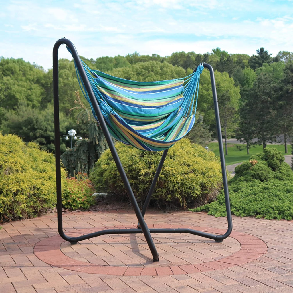 Sunnydaze Hanging Hammock Chair with Space-Saving Stand for Indoor or Outdoor Use - 330-Pound Capacity - Ocean Breeze