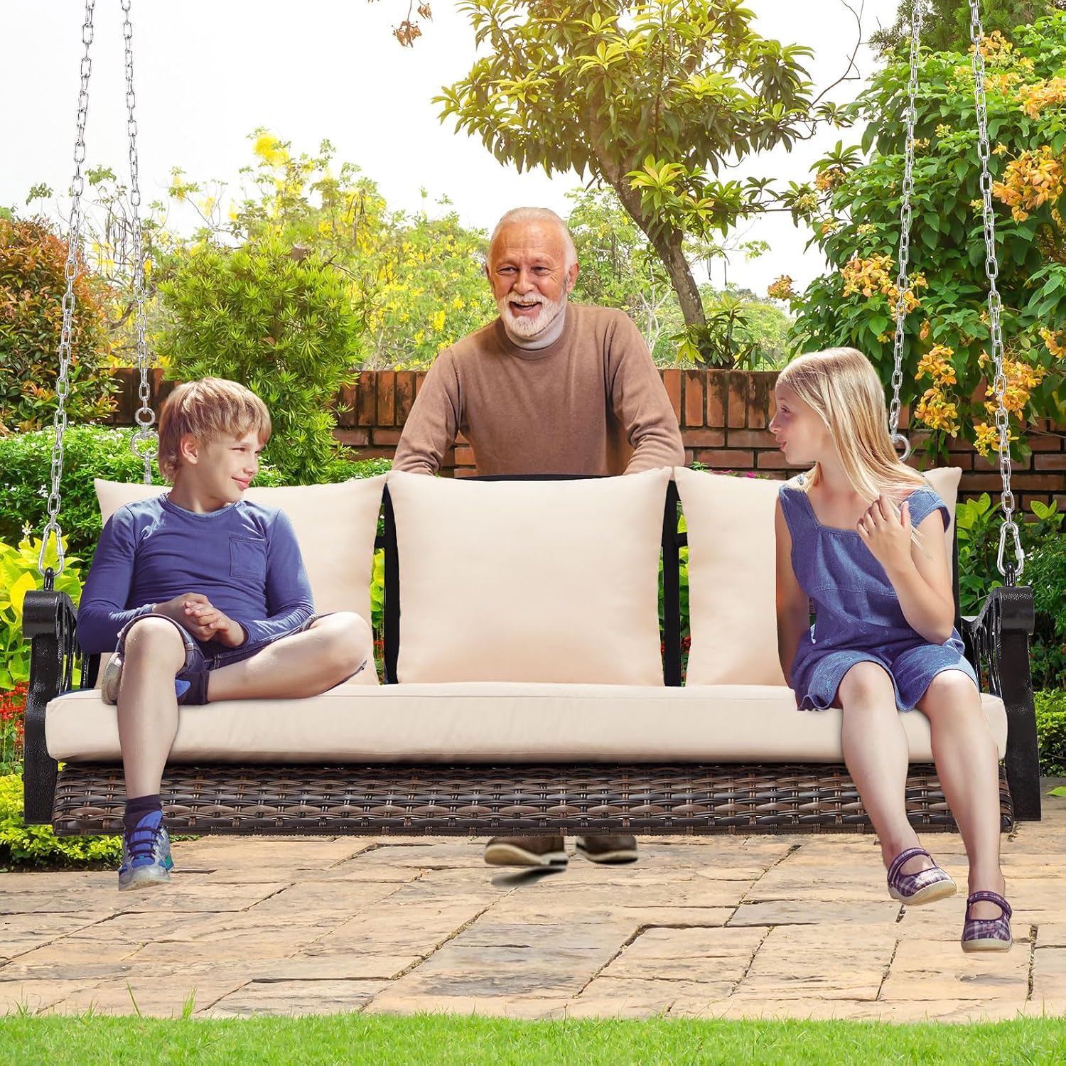 ZZW 3-Person Wicker Porch Swing Chair Heavy Duty 900 LBS Outdoor Rattan Patio Swing Chair w/Cup-Holder & Steel Chains Hanging Bench Porch Swing Cushions for Deck & Backyard & Garden