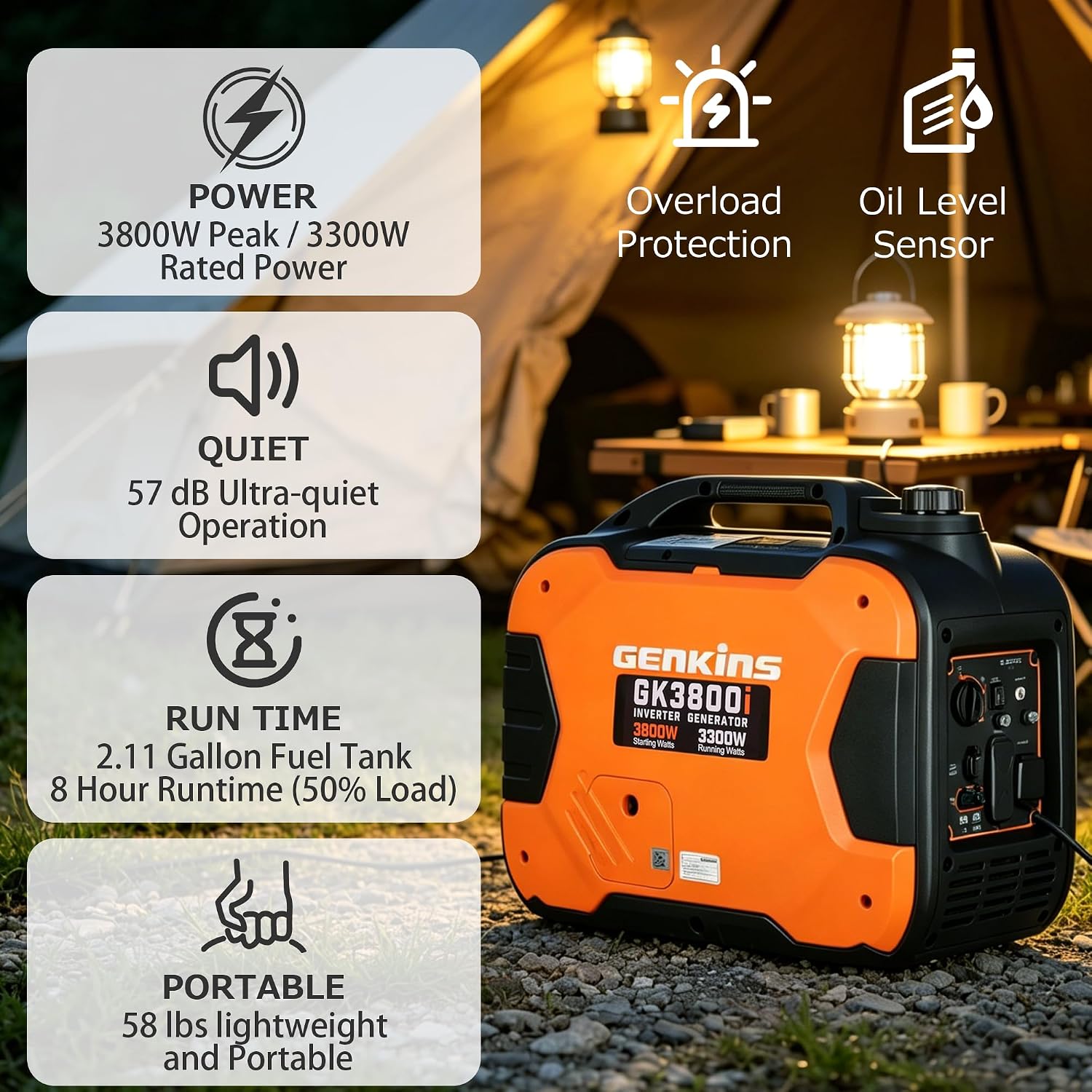 GENKINS Portable Inverter Generator 3800 Watt Gas Generato Super Quiet with Parallel Capability for RV Ready Camping Outdoor, EPA Compliant