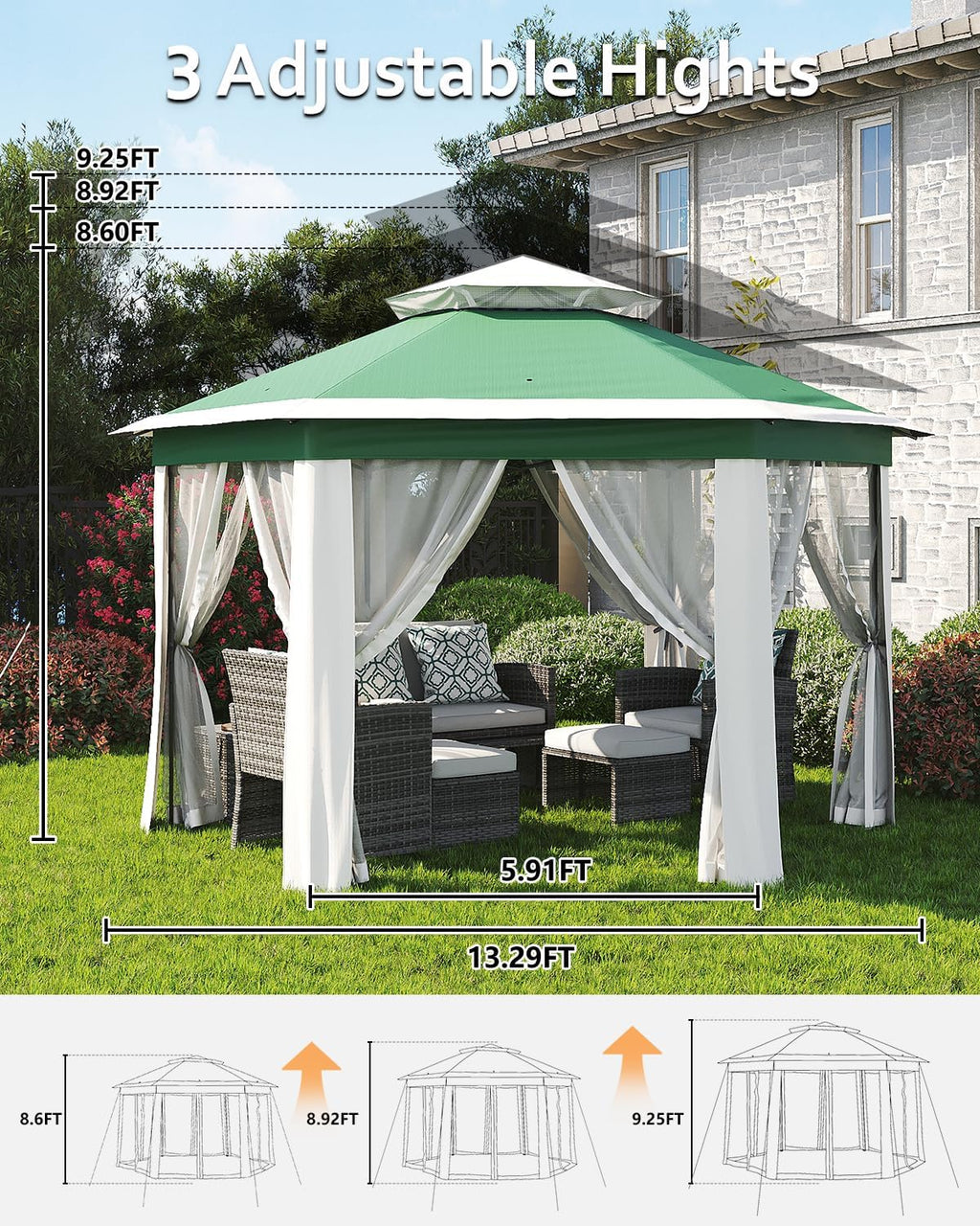 GarveeLife Pop Up Gazebo 13x13, 6 Side Outside Canopy Tent with Mosquito Netting, One Push Setup for Backyard Patio Garden Activities - Green