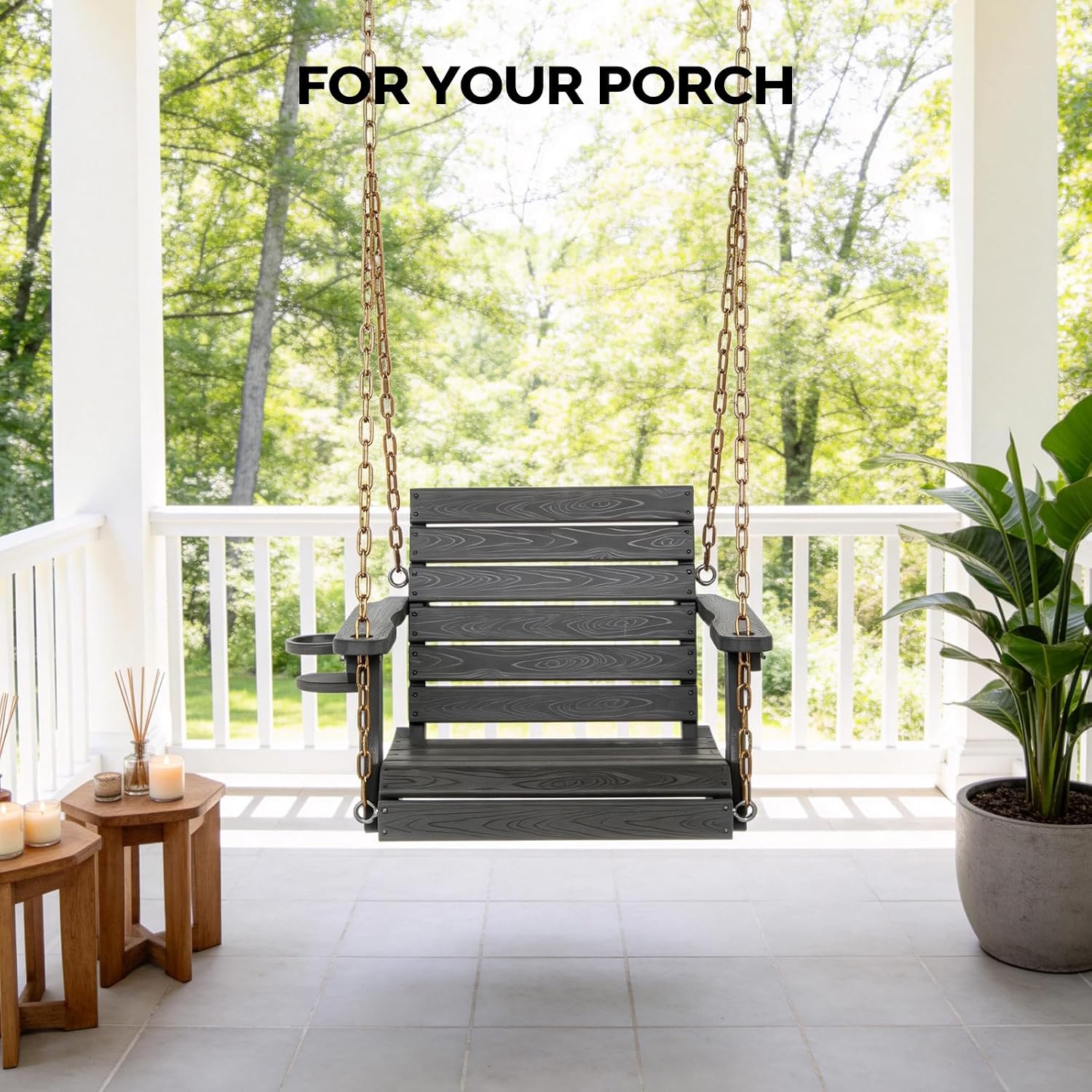 VINGLI Heavy Duty 880 LBS HDPE Porch Swing Outdoor with Rotatable Cup Holder, with Adjustable Chains, 1 Person Hanging Porch Swing Chair for Porch, Yard, Tree, Garden - Grey