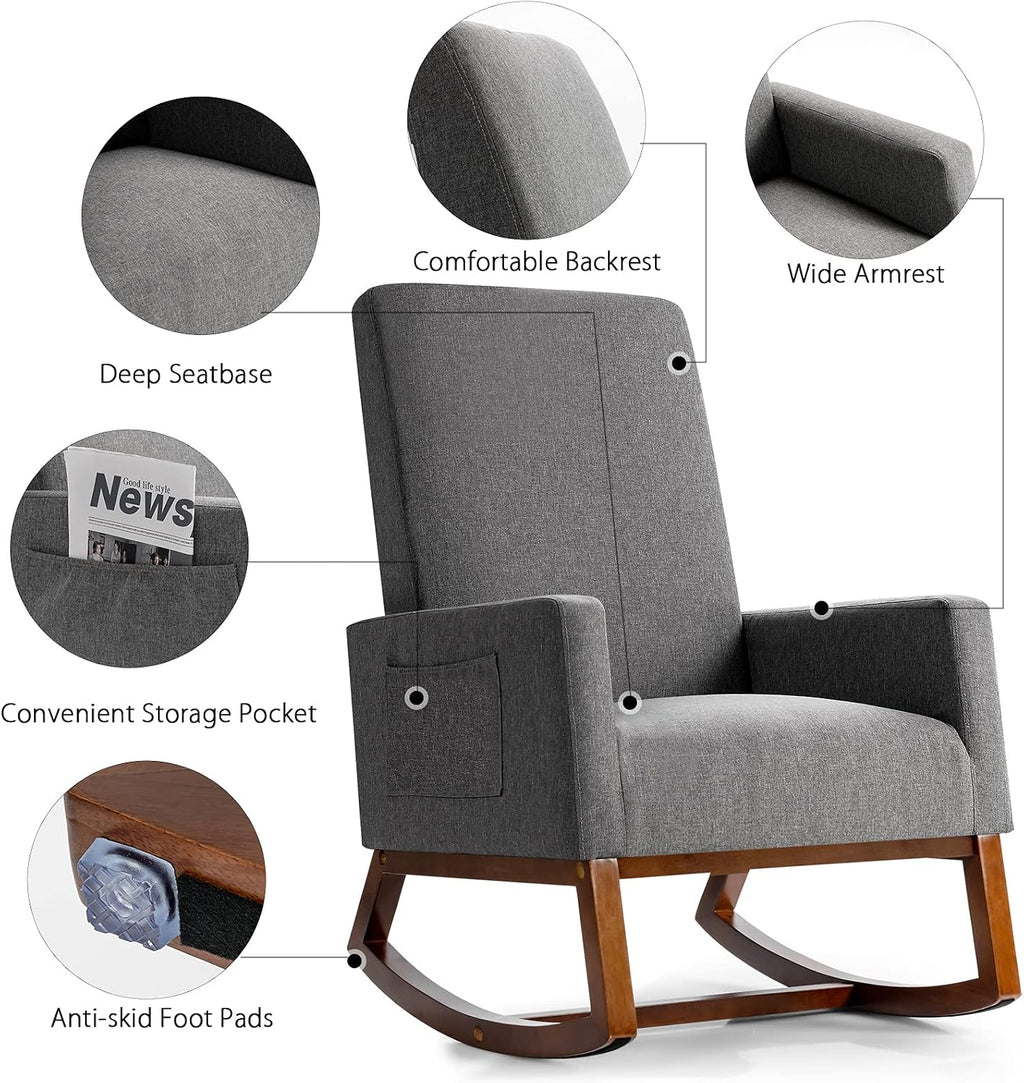 Giantex Upholstered Rocking Chair, Modern Fabric Armchair w/Wood Base, Side Pocket, Linen Padded Seat, High Back Accent Glider Rocker Chair, Mid-Century Leisure Chair for Nursery, Living Room (Gray)