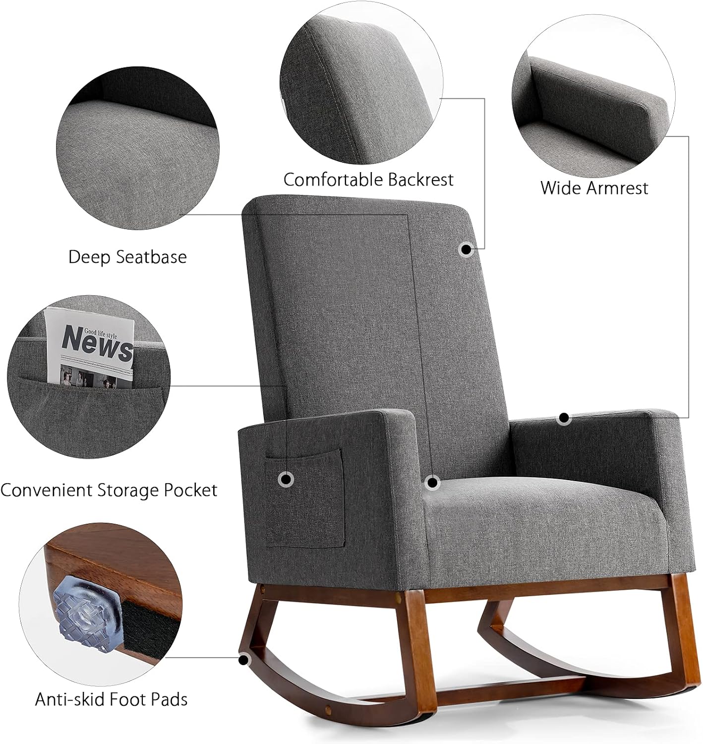Giantex Upholstered Rocking Chair, Modern Fabric Armchair w/Wood Base, Side Pocket, Linen Padded Seat, High Back Accent Glider Rocker Chair, Mid-Century Leisure Chair for Nursery, Living Room (Gray)