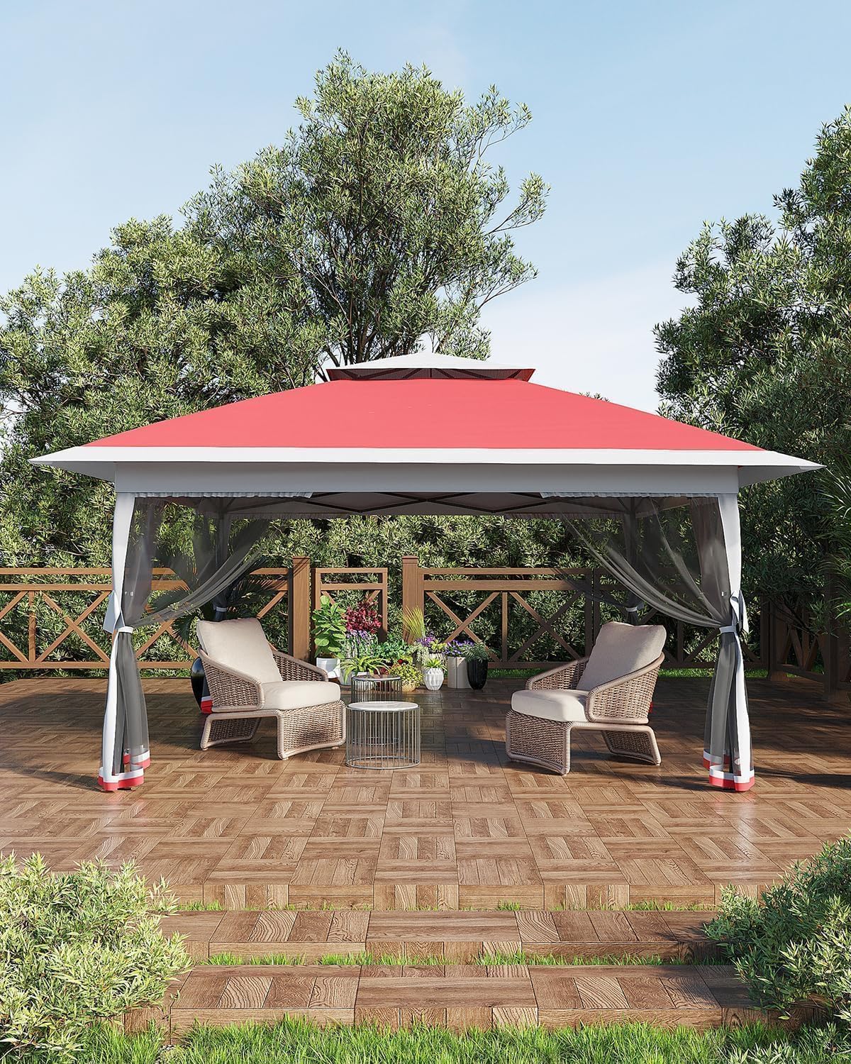 13'x13' Pop Up Gazebo, Outdoor Canopy Tent with Mosquito Netting, Pop Up Canopy with Double Roof Design & Adjustable Height, UV-Resistant Patio Gazebo Sunshade for Graden/Backyard/Lawn/Beach (Red)