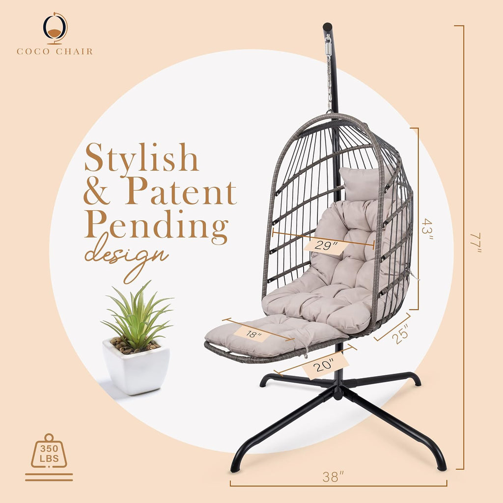 Hanging Egg Chair with Stand & Leg Rest | Modern, Boho-Chic Outdoor & Indoor Swing Chair | Grey