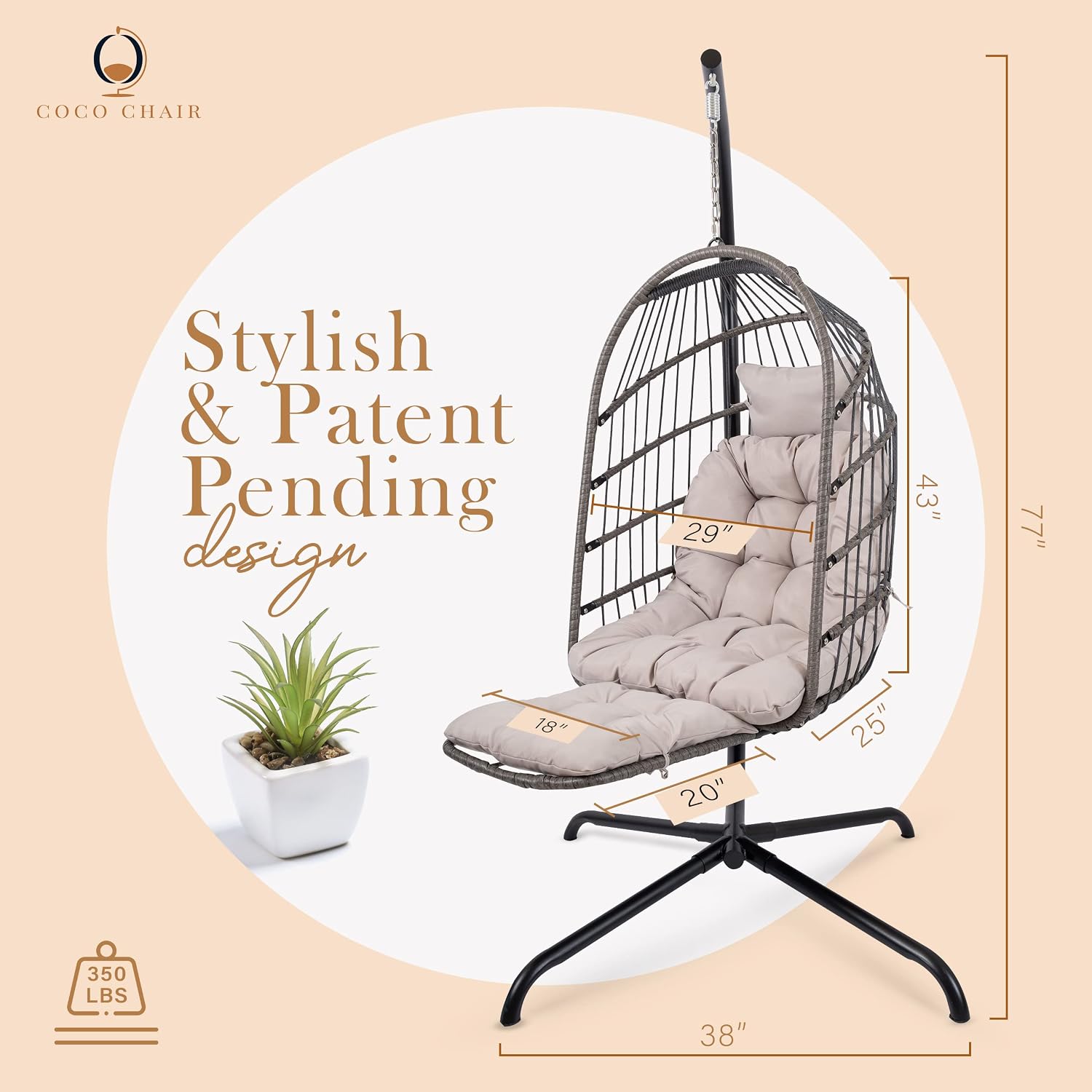 Hanging Egg Chair with Stand & Leg Rest | Modern, Boho-Chic Outdoor & Indoor Swing Chair | Grey