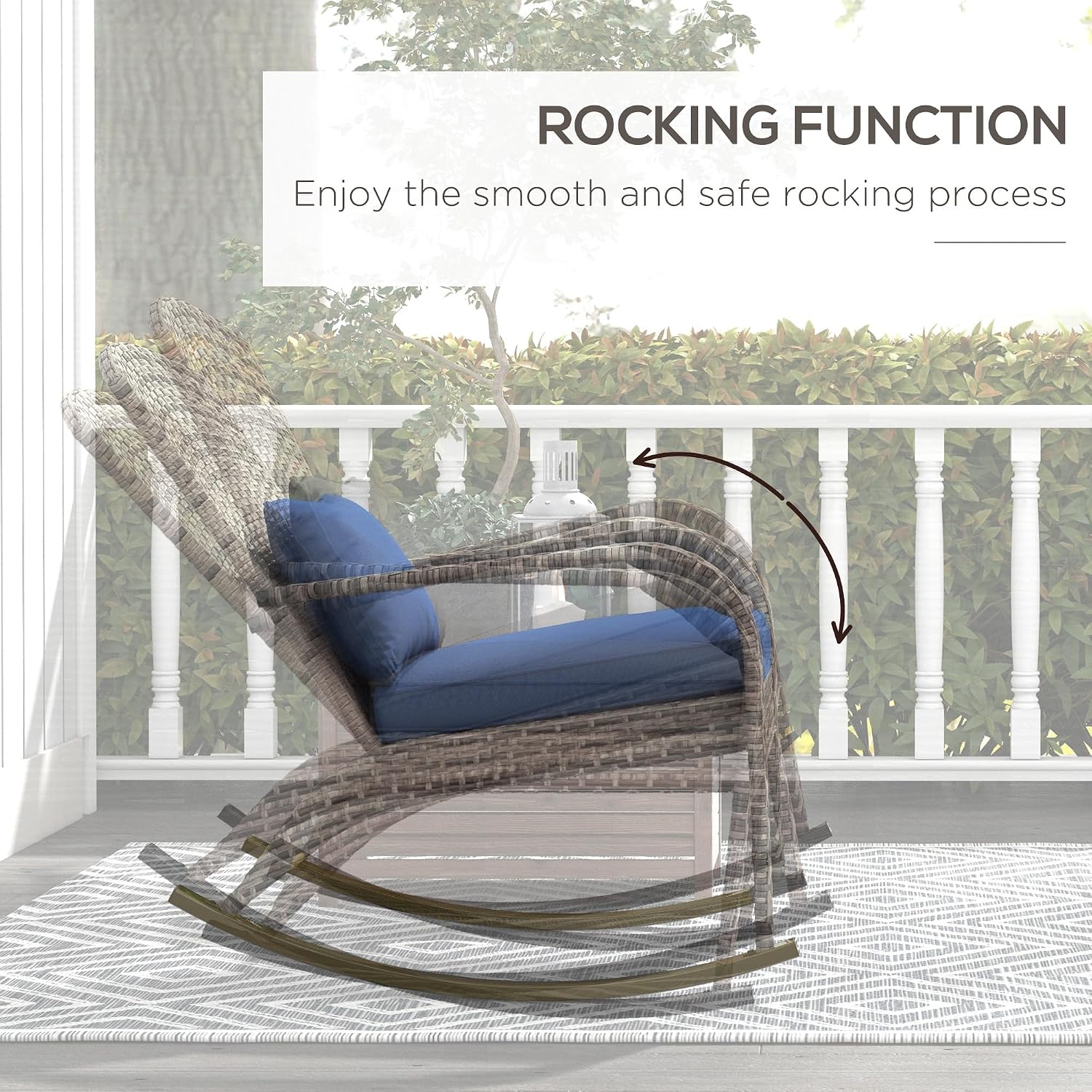 Outsunny Outdoor Wicker Adirondack Rocking Chair, Patio Rattan Rocker Chair with High Back, Seat Cushion, and Pillow for Garden, Porch, Balcony, Dark Blue