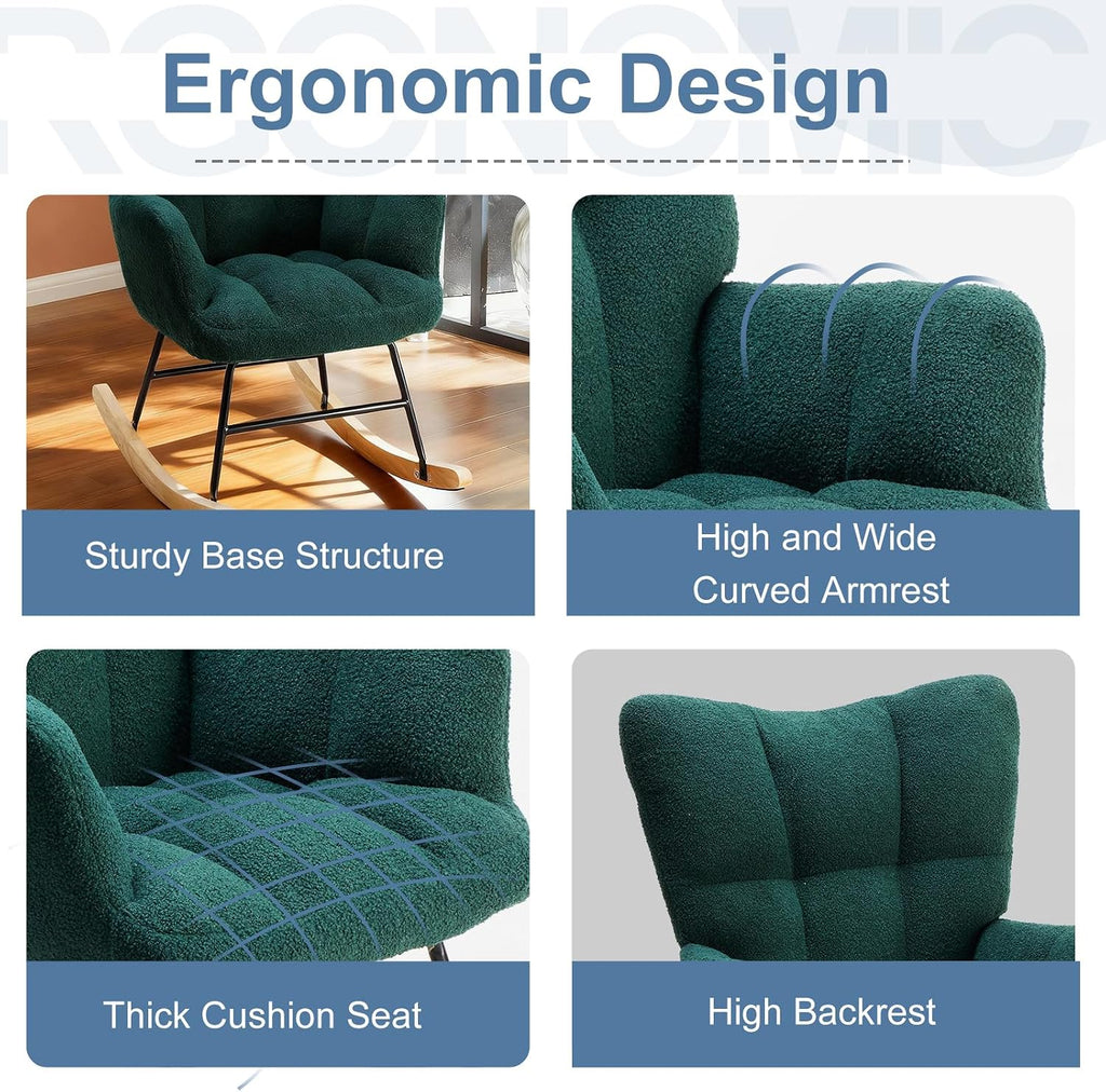 DUMOS Rocking Chair with Wing Backrest, Teddy Upholstered Indoor Reading Glider Chair with Comfy Seat for Bedroom, Living Room, Office, Forest Green