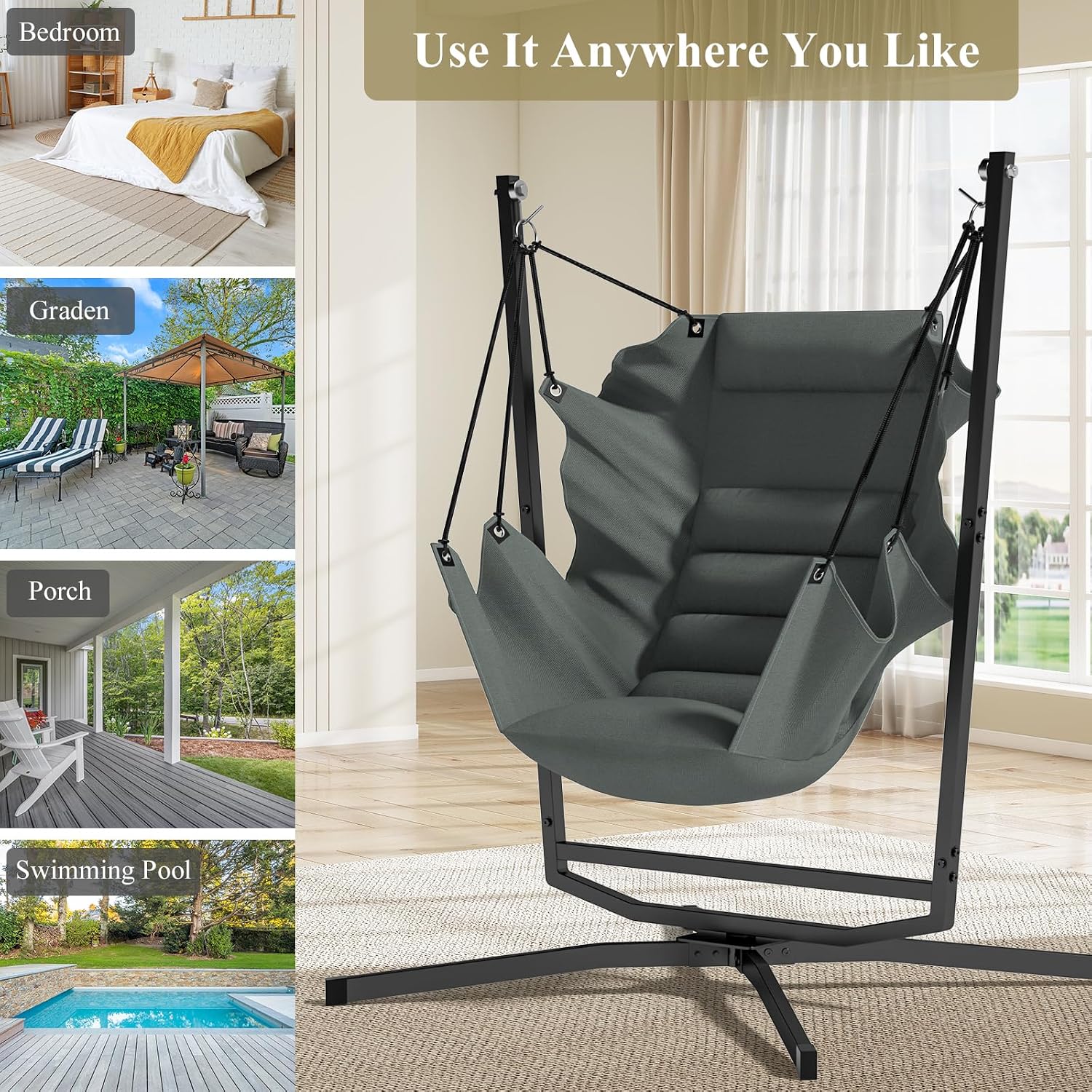 360° Swivel Hammock Swing Chair with Stand - Comfortable Hanging Chair with Cushions (400 lbs Capacity) for Indoor/Outdoor Use - Perfect for Bedroom, Patio, Porch, Deck, Garden, Balcony