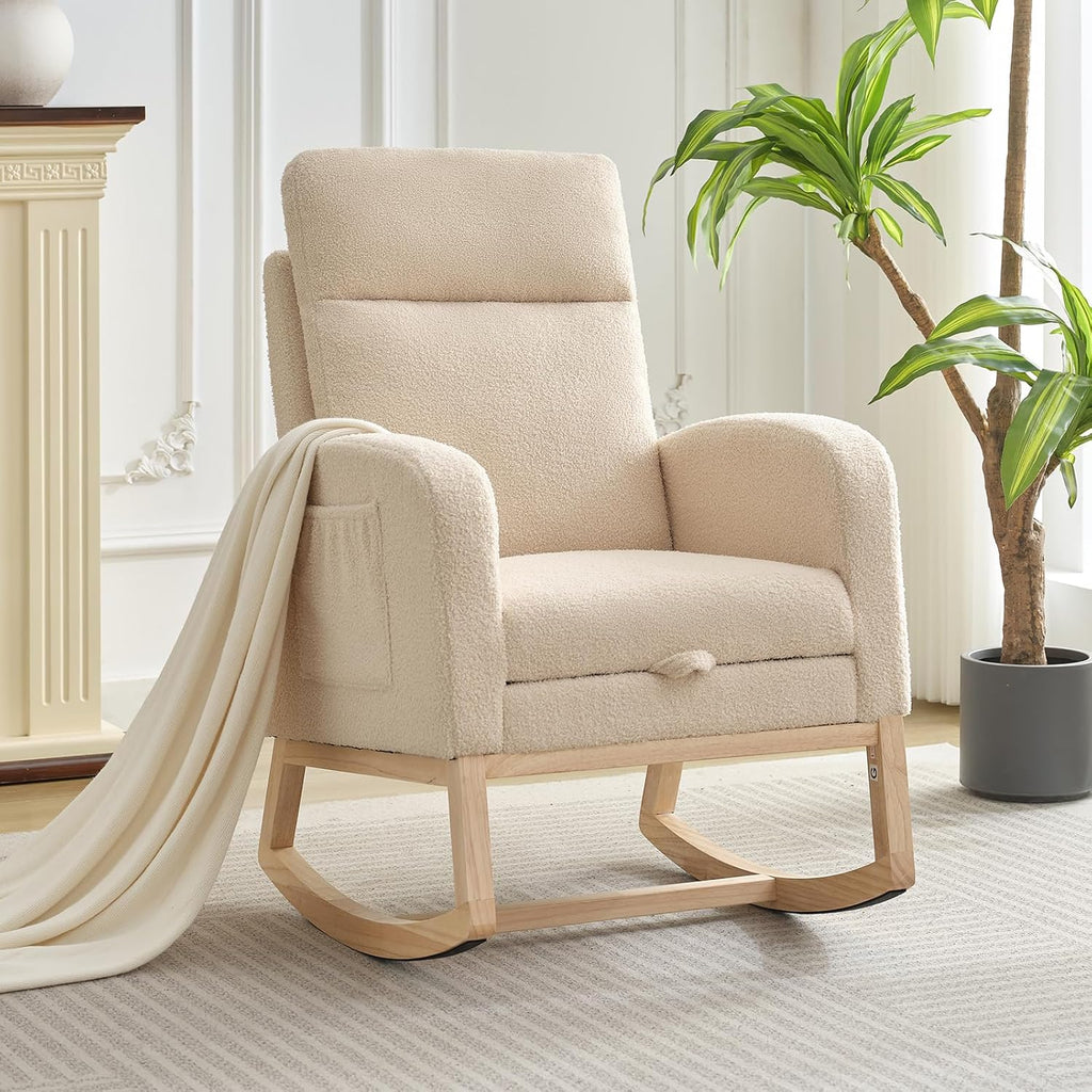 Rocking Chair Nursery, Nursing Rocking Chairs with Foot Rest for Mom Nursery,Rocker Glider Chair with High Backrest for Living Room, Bedroom, Upholstered Lounge Chair with Solid Wood Base for Relaxin