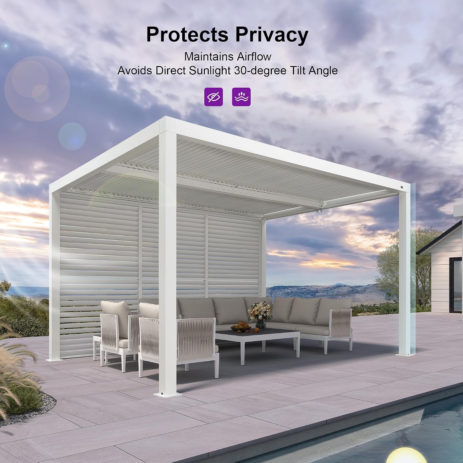 PURPLE LEAF Louvered Pergola 10' x 12' Outdoor White Aluminum Pergola with Fixed Shutter Wall Adjustable Roof Gazebo for Patio Backyard, 1 Short Side