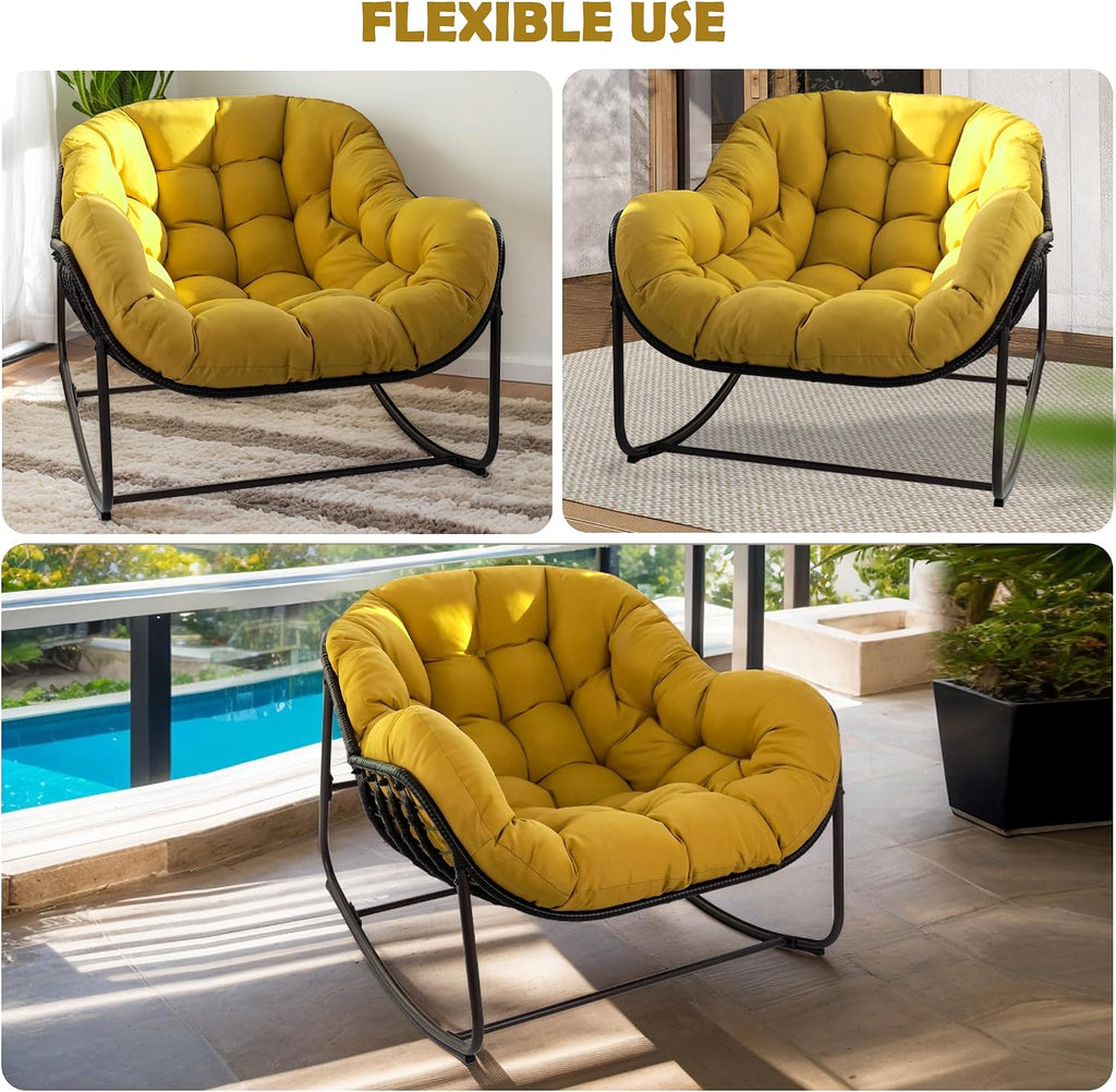 Papasan Rocking Chair, Oversized Egg Rocker for Indoor & Outdoor Use, All-Weather Wicker Patio Chair with Cushion & Pillow, Papasan Rocking Egg Chair for Bedroom, Garden, Yellow