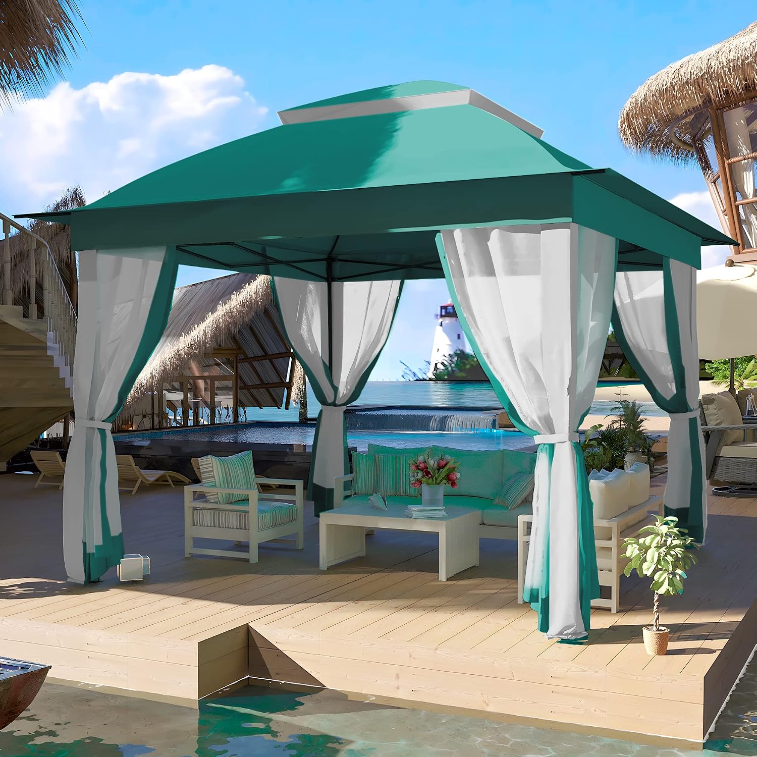 11'x11' Pop Up Gazebo for Patios Canopy Tent with Sidewalls Outdoor Gazebo with Mosquito Netting Pop Up Canopy Shelter Wedding Tent (Green)