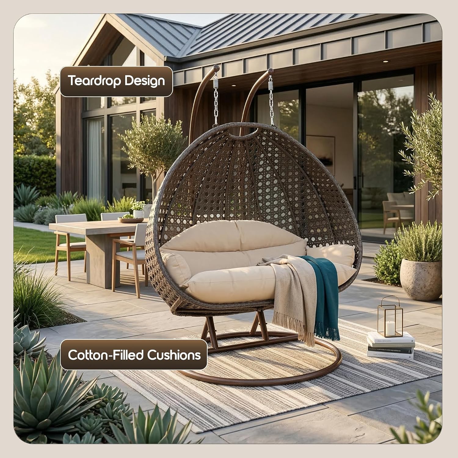 LeisureMod 2-Person Wicker Egg Chair, Hanging Swing Chair for Indoor & Outdoor Use with Cushions, Beige Steel Stand, UV-Resistant, Hammock Lounge Seat for Patio, Porch, or Bedroom (Cream)
