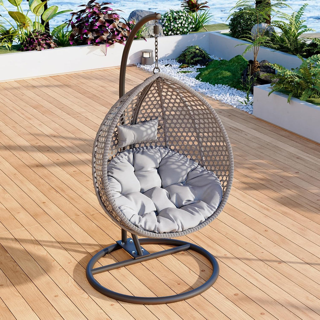 Egg Swing Chair Outdoor with Stand, Hanging Egg Rattan Basket Chair with Cushion and Pillow, Lounge Chairs for Backyard Sunroom Patio Balcony Bedroom (Grey)