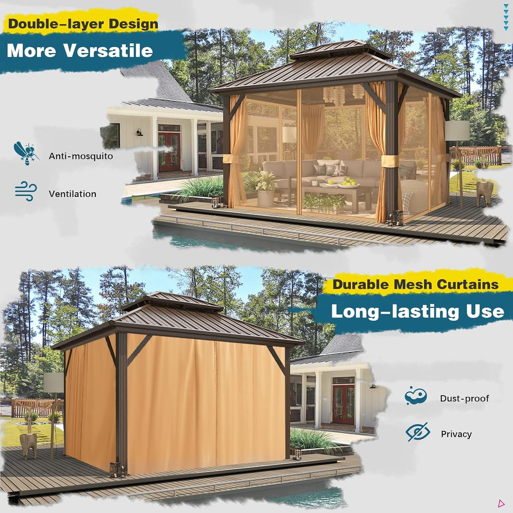 MELLCOM 10'x12' Hardtop Gazebo, Metal Double Roof Aluminum Gazebos with Curtain and Netting,Brown Permanent Galvanized Steel Pavilion for Patio, Lawn & Deck