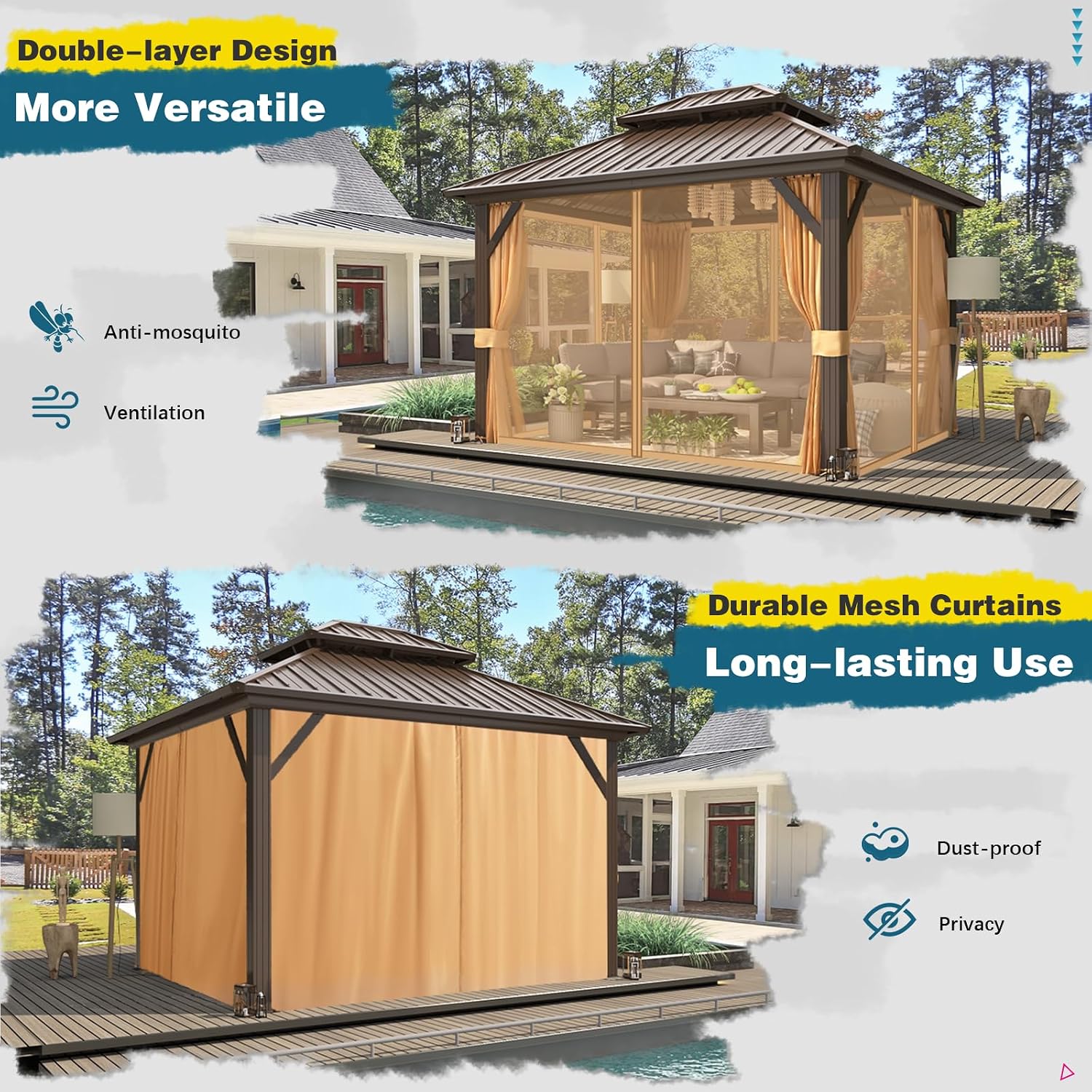 MELLCOM 10'x12' Hardtop Gazebo, Metal Double Roof Aluminum Gazebos with Curtain and Netting,Brown Permanent Galvanized Steel Pavilion for Patio, Lawn & Deck