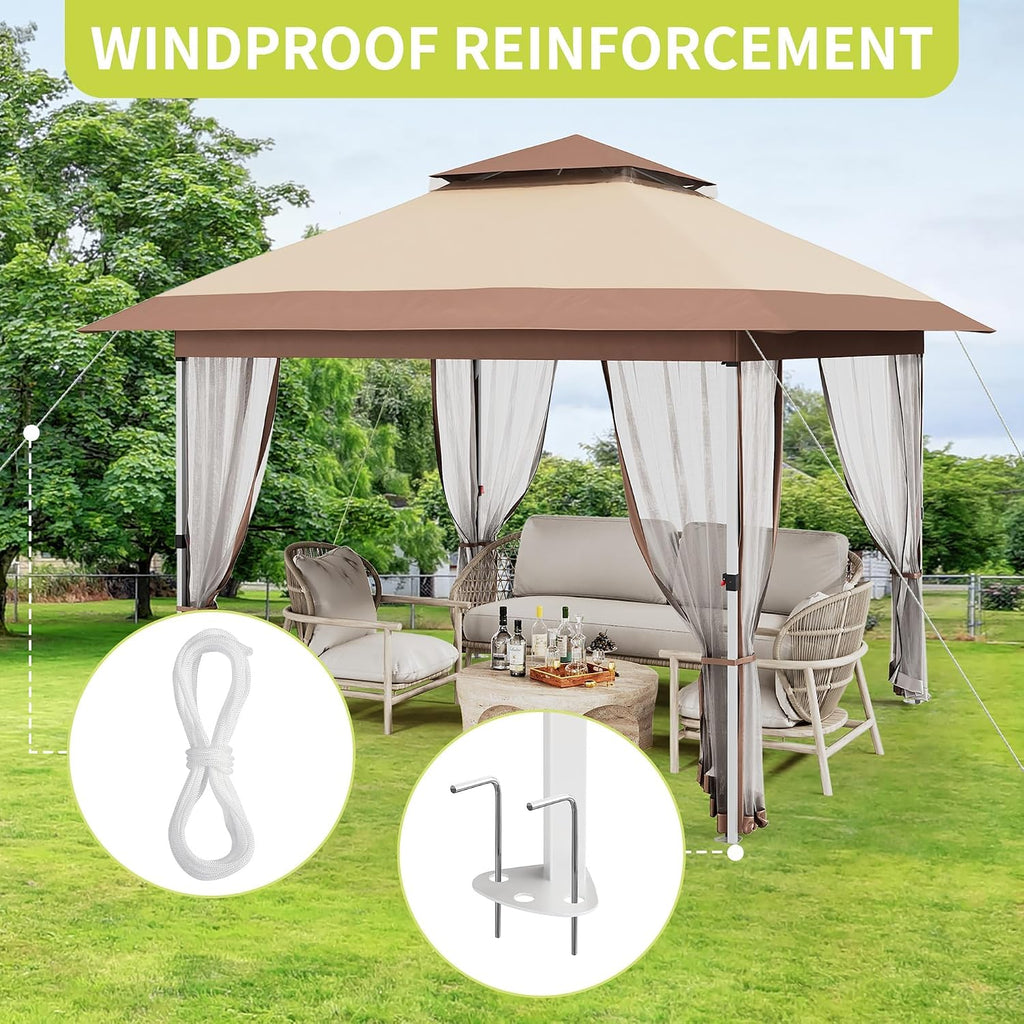 12x12 ft Instant Pop Up Gazebos,Modern Waterproof Canopy Tent with Mosquito Netting,Outdoor Canopy Shelter with Wheeled Carry Bag for Patio/Garden/Backyard/Party/Camping-All-Weather&Seasons(Khaki)