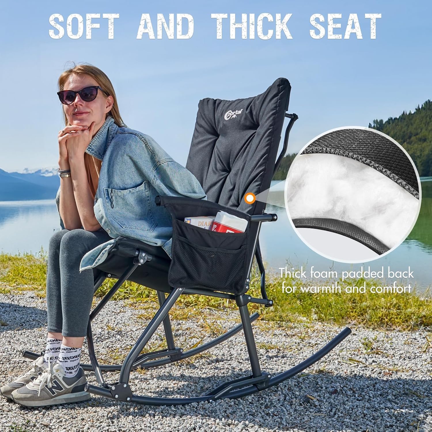 Portal Folding Rocking Camping Chair Outdoor - Thick Padded Rocking Recliner Chair Portable Camping Rocker for Patio Front Porch Backyard Lawn Living Room, Supports 400 LBS