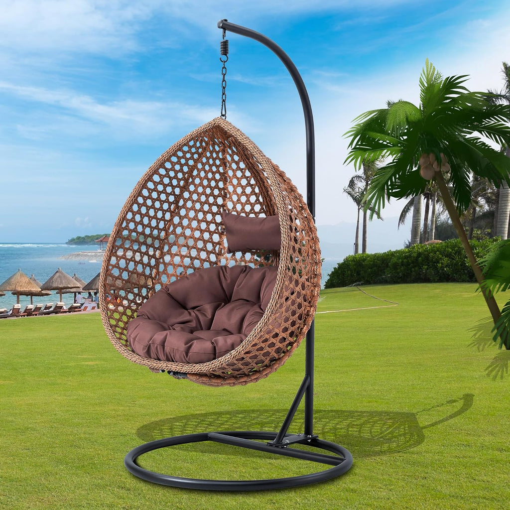 JUFU Egg Swing Chair with Stand, Hanging Egg Chair with Cushions and Pillow, Heavy Duty Lounge Basket, Indoor Outdoor Patio Porch Lounge Relaxing for Patio Balcony Backyard, Bedrooms