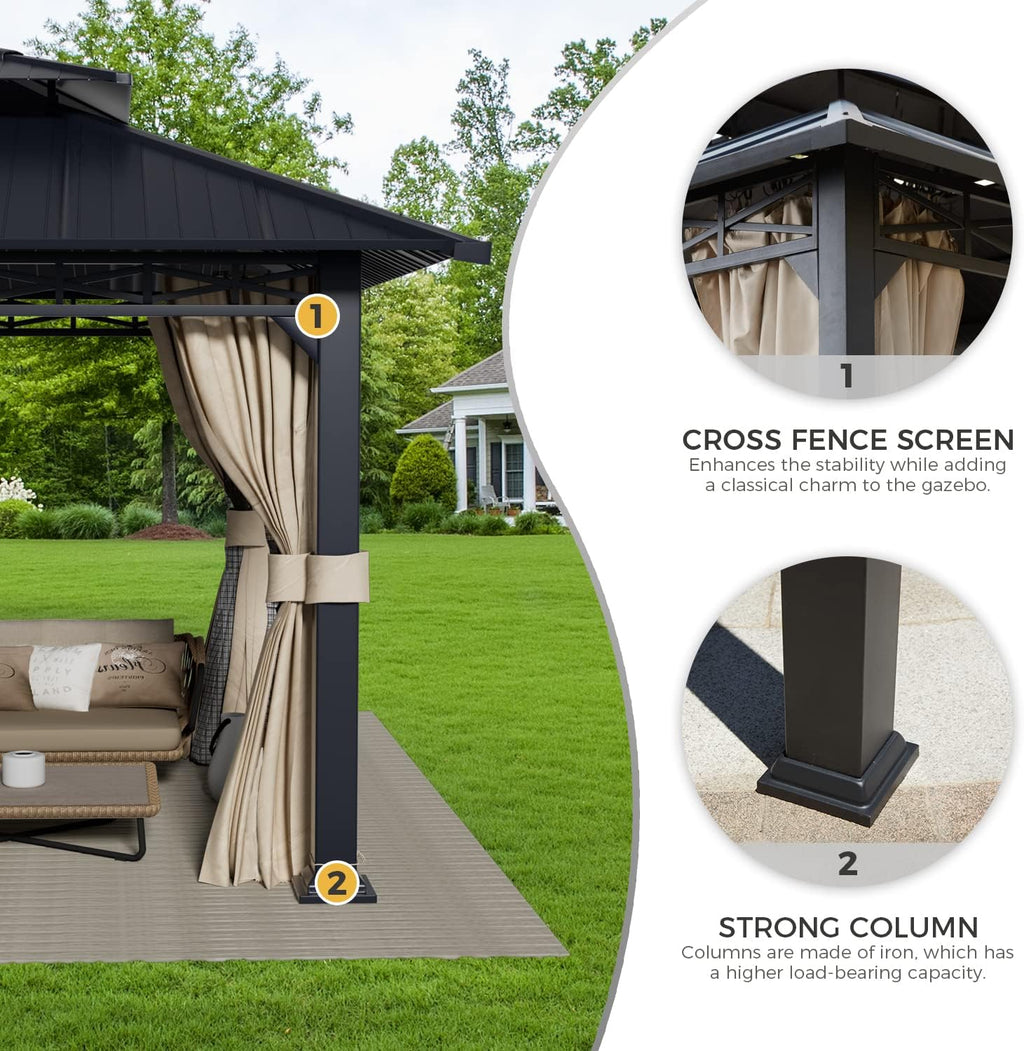 YOLENY 10' x 12' Gazebo with Galvanized Steel Roof, Double Roof with Anti-Rust Coating, Outdoor Gazebos with Curtains and Netting, Sunshade for Gardens, Lawns, Deck