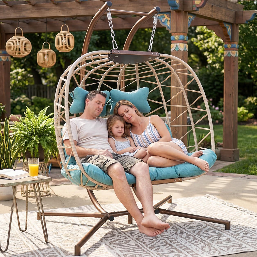 BULEXYARD 2 Person Hanging Egg Chair with Stand, Extra Large Wicker Patio Hammock Loveseat Swing, Oversized Cushioned Double Swing Chair for Indoor Outdoor Garden Balcony Backyard, Light Blue