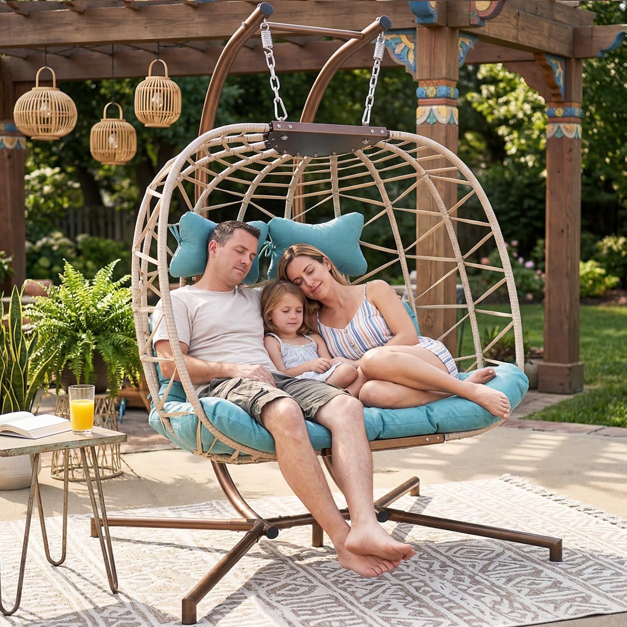 BULEXYARD 2 Person Hanging Egg Chair with Stand, Extra Large Wicker Patio Hammock Loveseat Swing, Oversized Cushioned Double Swing Chair for Indoor Outdoor Garden Balcony Backyard, Light Blue