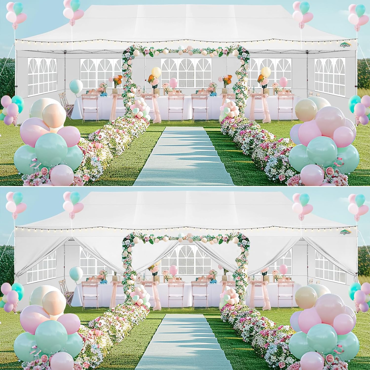 COBIZI 10x30 Pop up Canopy with 8 Removable Sidewalls & 4 Sandbags, Party Tents for Wedding, Commercials, Waterproof and Instant Shelter UV50+ Outdoor Gazebos Tent with Roller Bag & 5 Sidewalls