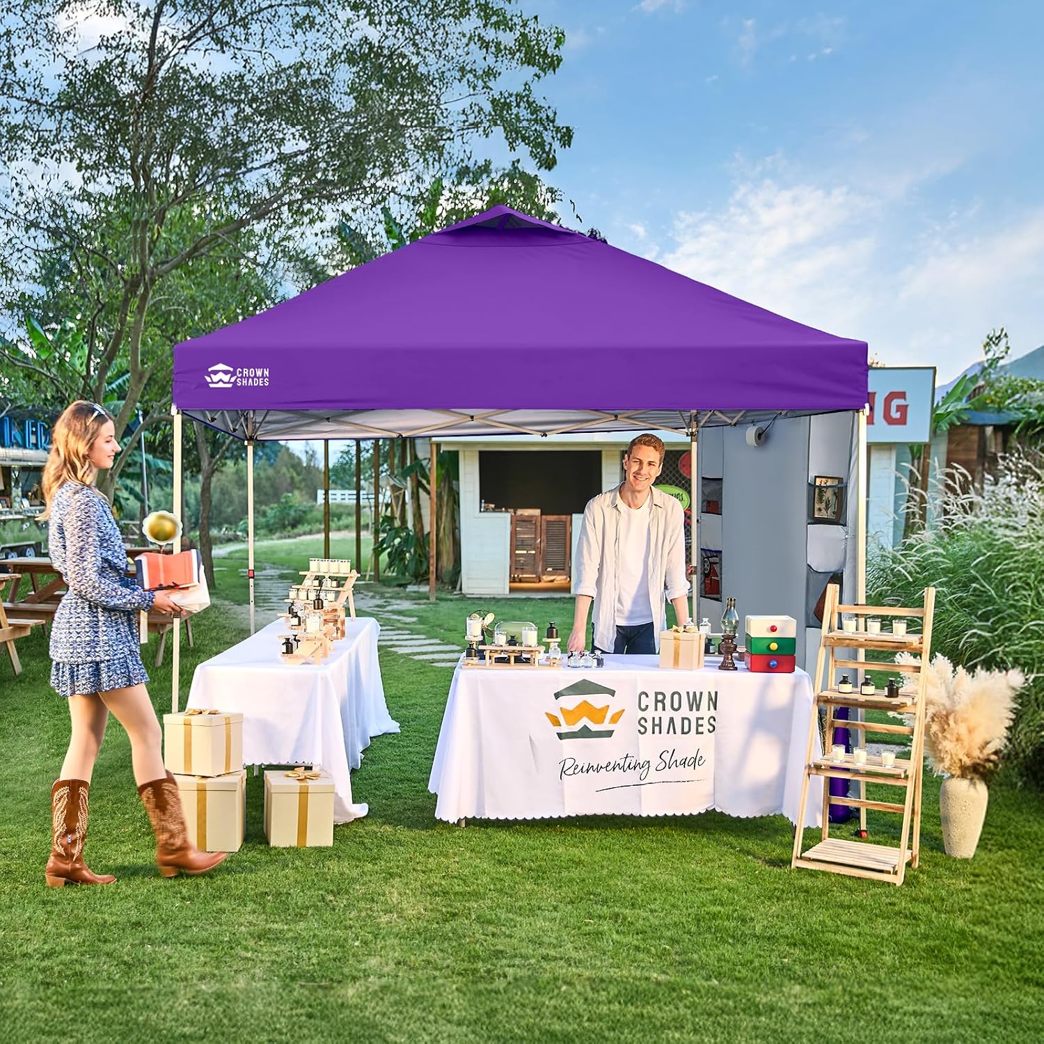 CROWN SHADES Canopy Tent 10x10 Pop Up Canopy Outdoor Shade with Pockets Sidewall, Easy Up Sun Shelter with One Person Set Up Center Lock, Portable Instant Camping Beach Canopy Tents, Purple