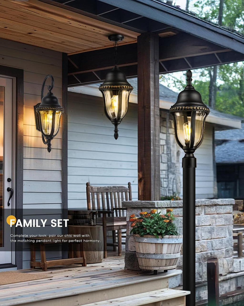 FEMILA 21' Outdoor Pendant Lights for Porch, Outdoor Chandelier for Gazebo, Patio, Hanging Lantern Light with Matte Black Finish, E26 Base, 4FX80H BK