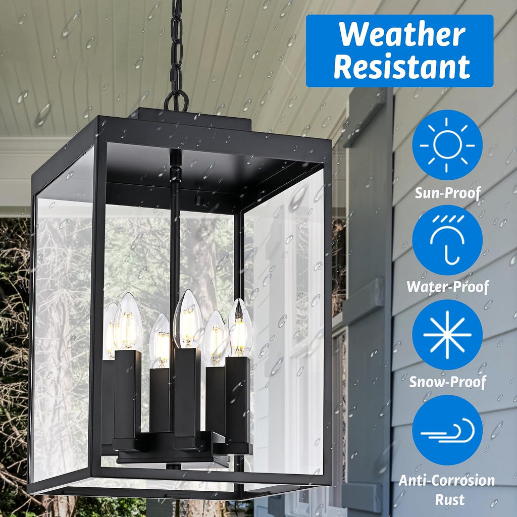 MELUCEE 16'' Large Outdoor Pendant Light Fixture, 6-Light Outdoor Chandelier for Porch Black Lantern Pendant Lights with Clear Glass Exterior Ceiling Lights Hanging for Porch Patio Gazebo Entrance