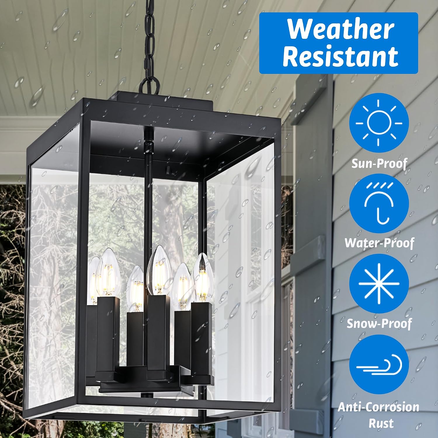 MELUCEE 16'' Large Outdoor Pendant Light Fixture, 6-Light Outdoor Chandelier for Porch Black Lantern Pendant Lights with Clear Glass Exterior Ceiling Lights Hanging for Porch Patio Gazebo Entrance